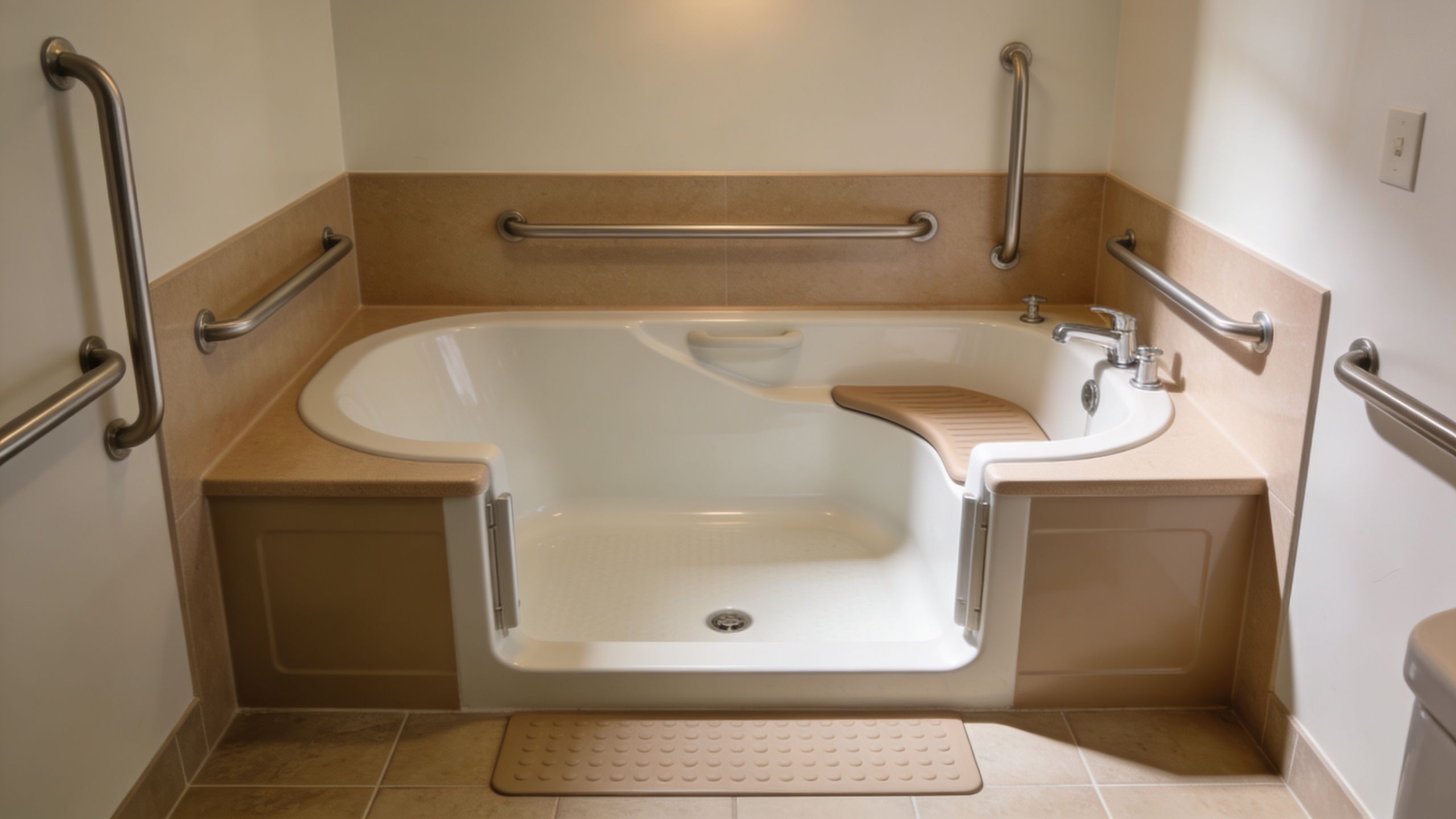 A walk-in bathtub installed in a bathroom with safety grab bars and a beige tiled surround.