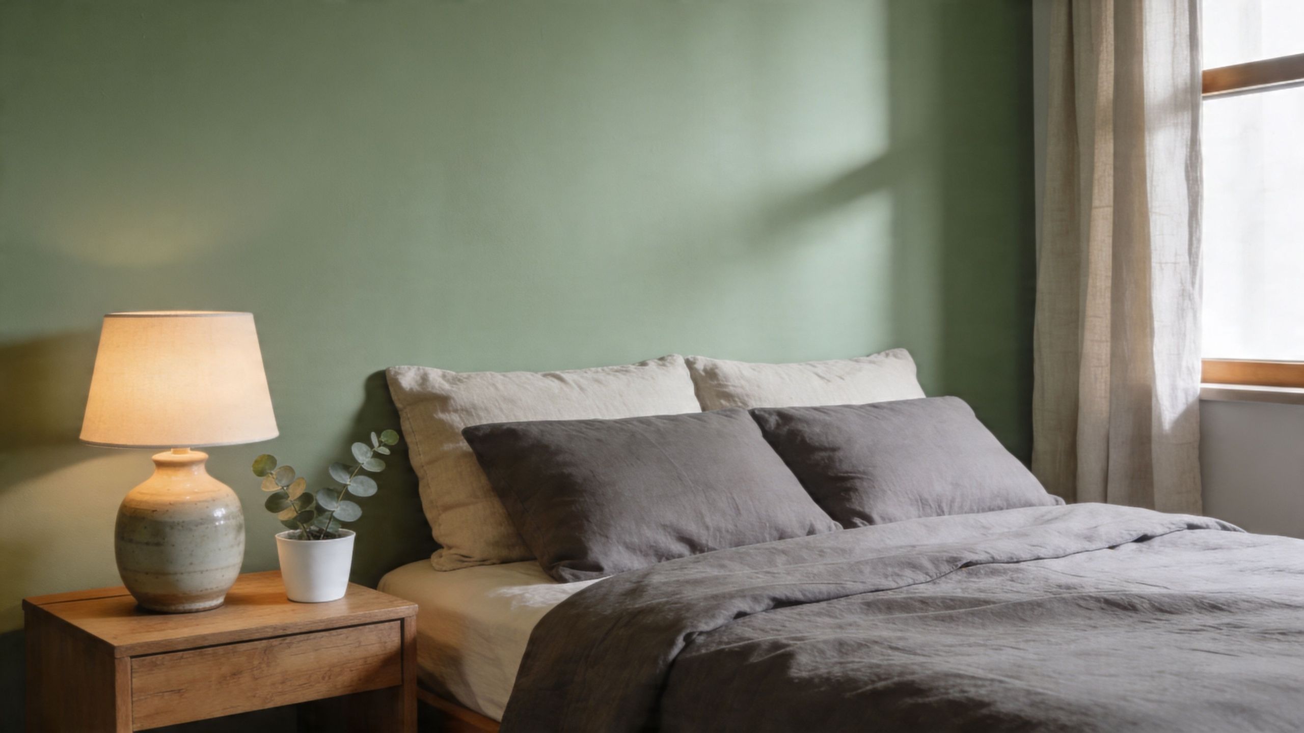 A minimalist bedroom featuring dark grey linen bedding against a calming sage green wall with wooden furniture.