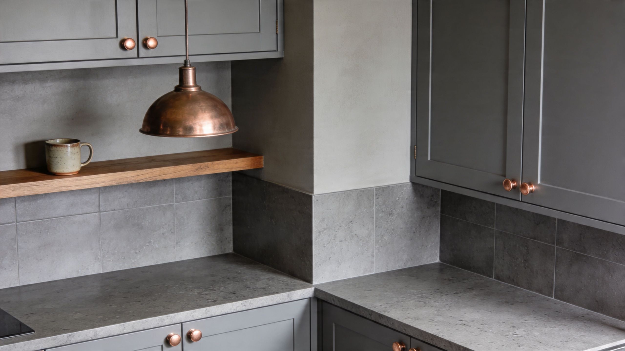 A modern kitchen featuring grey cabinets, copper hardware, a wooden shelf, and a copper pendant light.