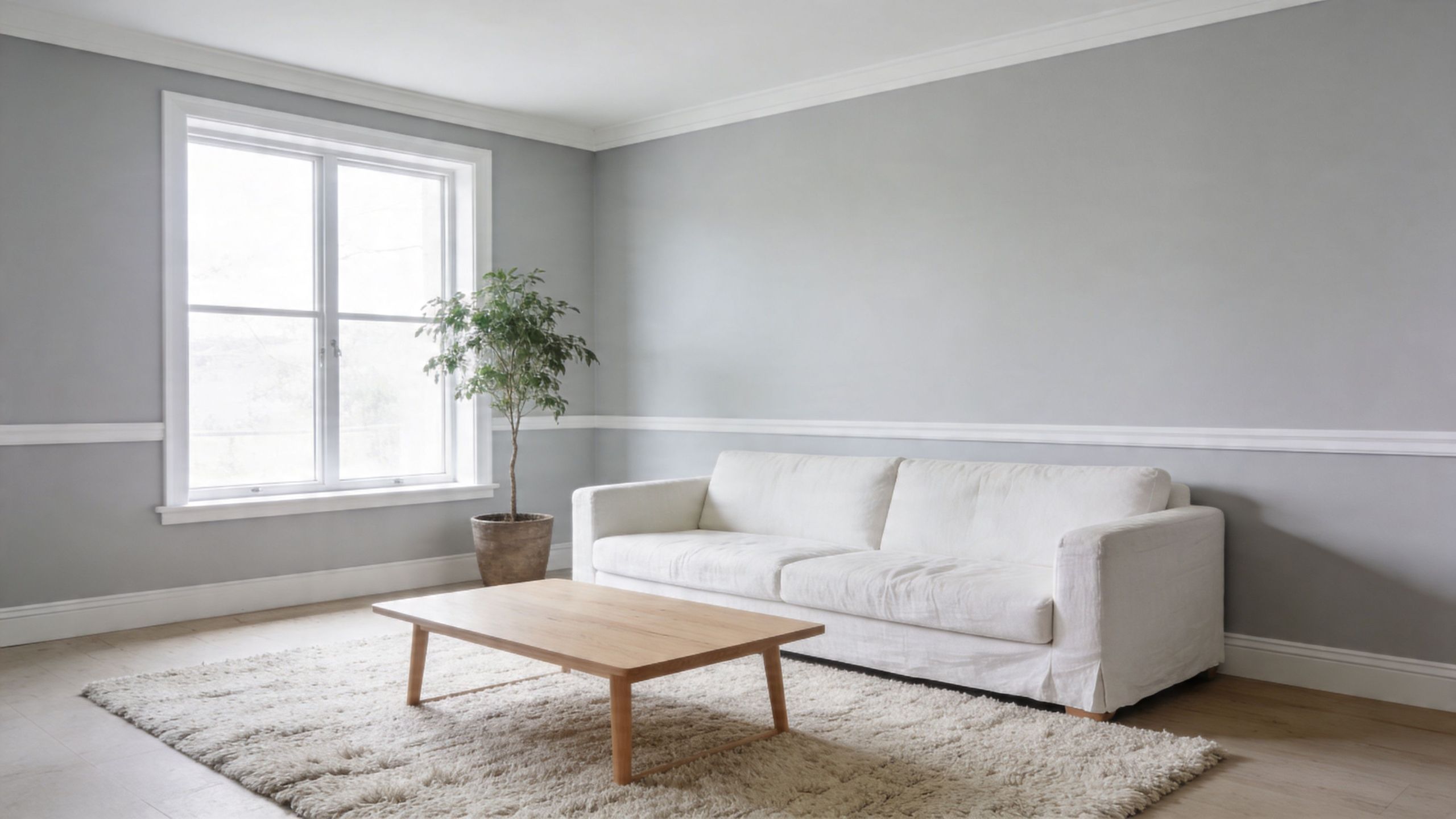 A minimalist living room with a white sofa, wooden coffee table, and a green plant near the window.