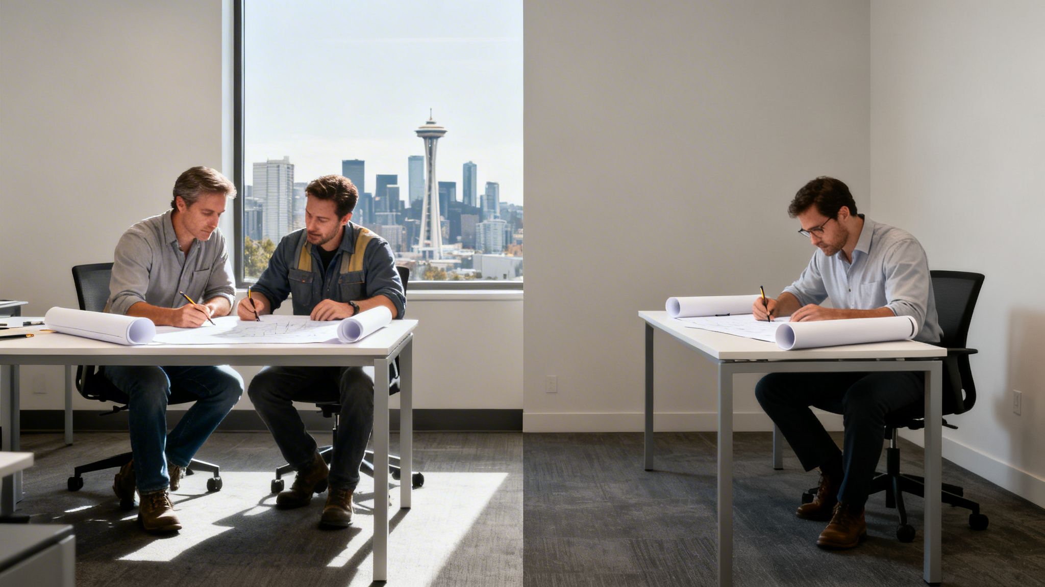 Three male architects or engineers collaborating on blueprints in a modern office overlooking a city.