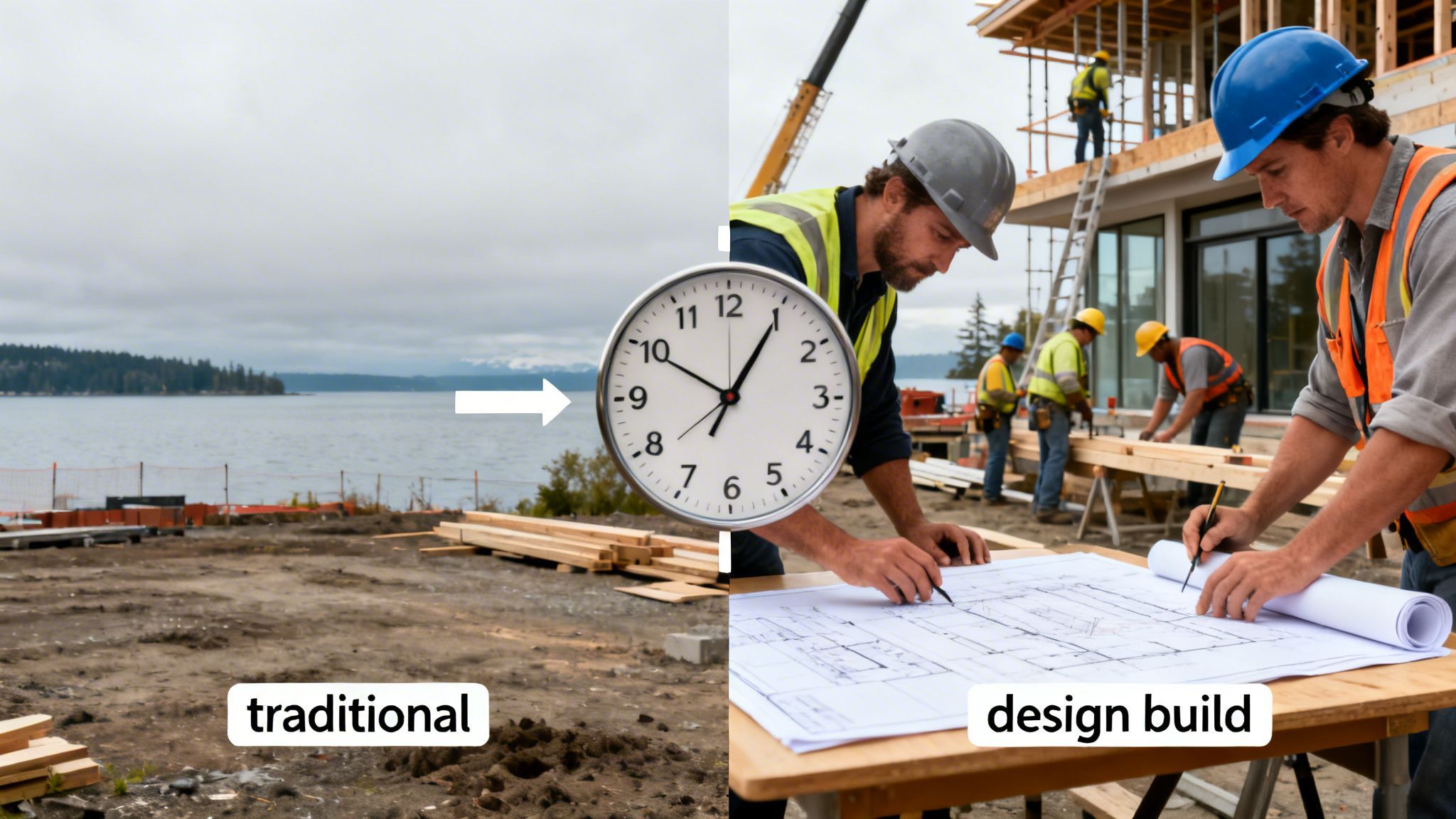 Split image showing an empty traditional construction site and a busy design-build project with workers.