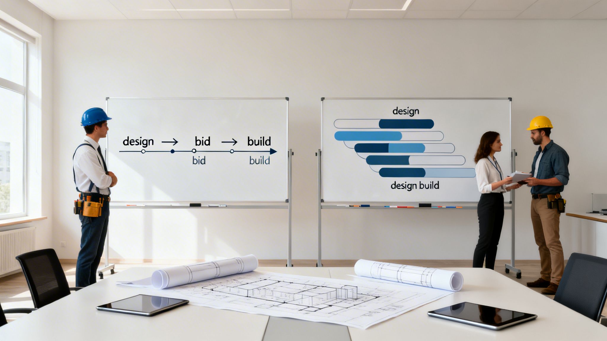 Two construction professionals discuss project delivery methods shown in diagrams on whiteboards.