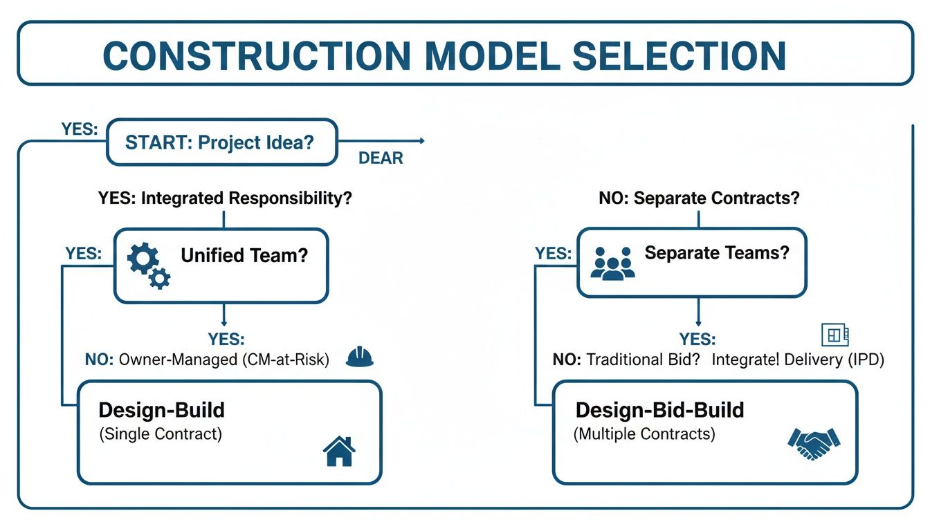 A flowchart explaining construction model selection criteria, comparing Design-Build and Design-Bid-Build options.
