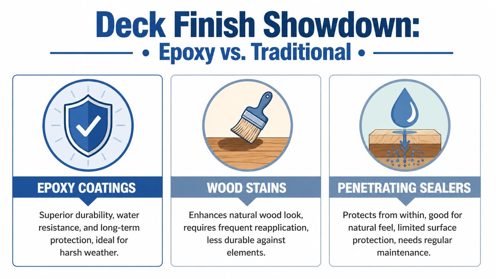 A comparison chart showing benefits and features of epoxy deck coatings, wood stains, and penetrating sealers.