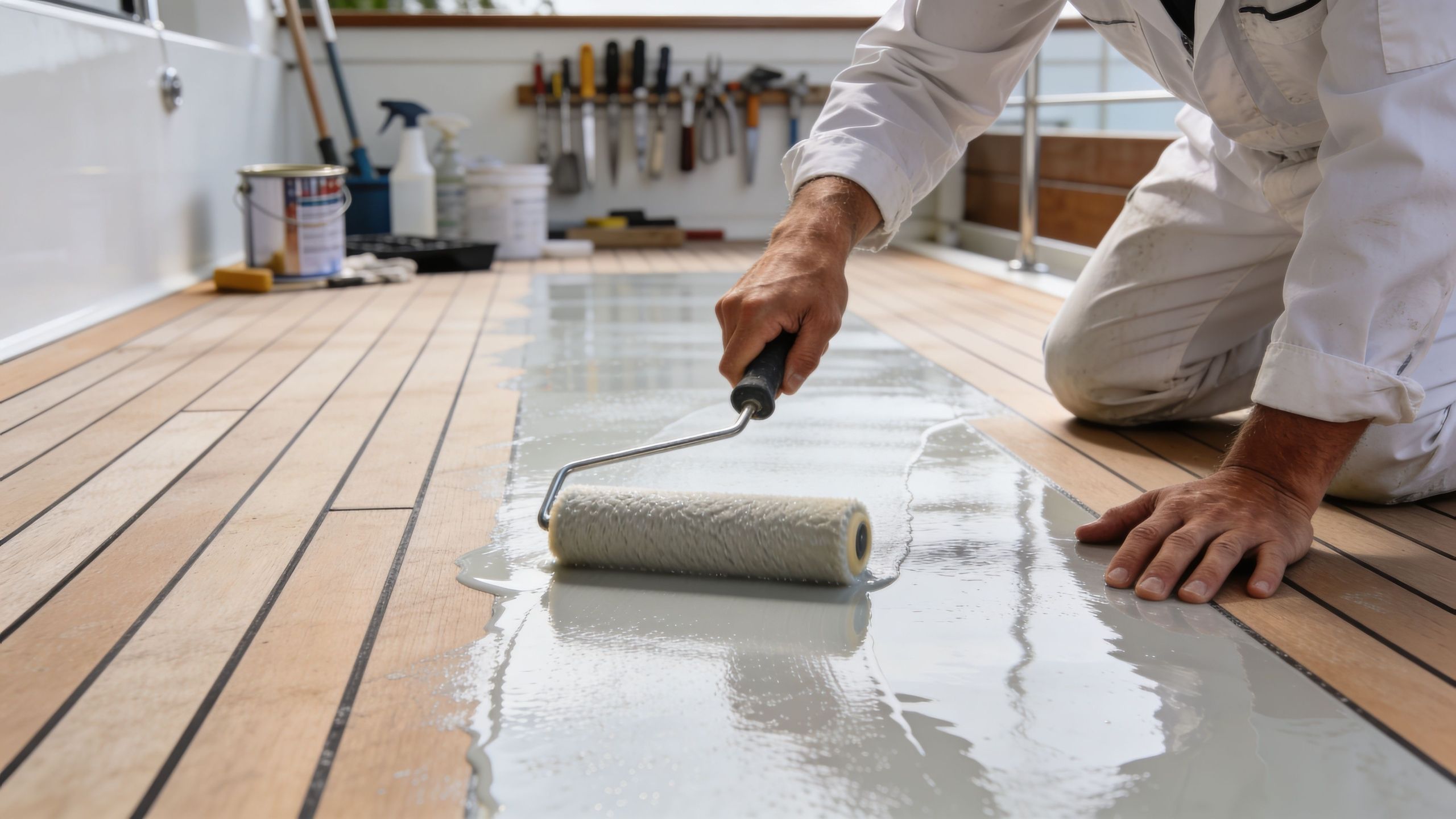 A professional painter applies a smooth coat of gray epoxy sealant to a wooden boat deck.