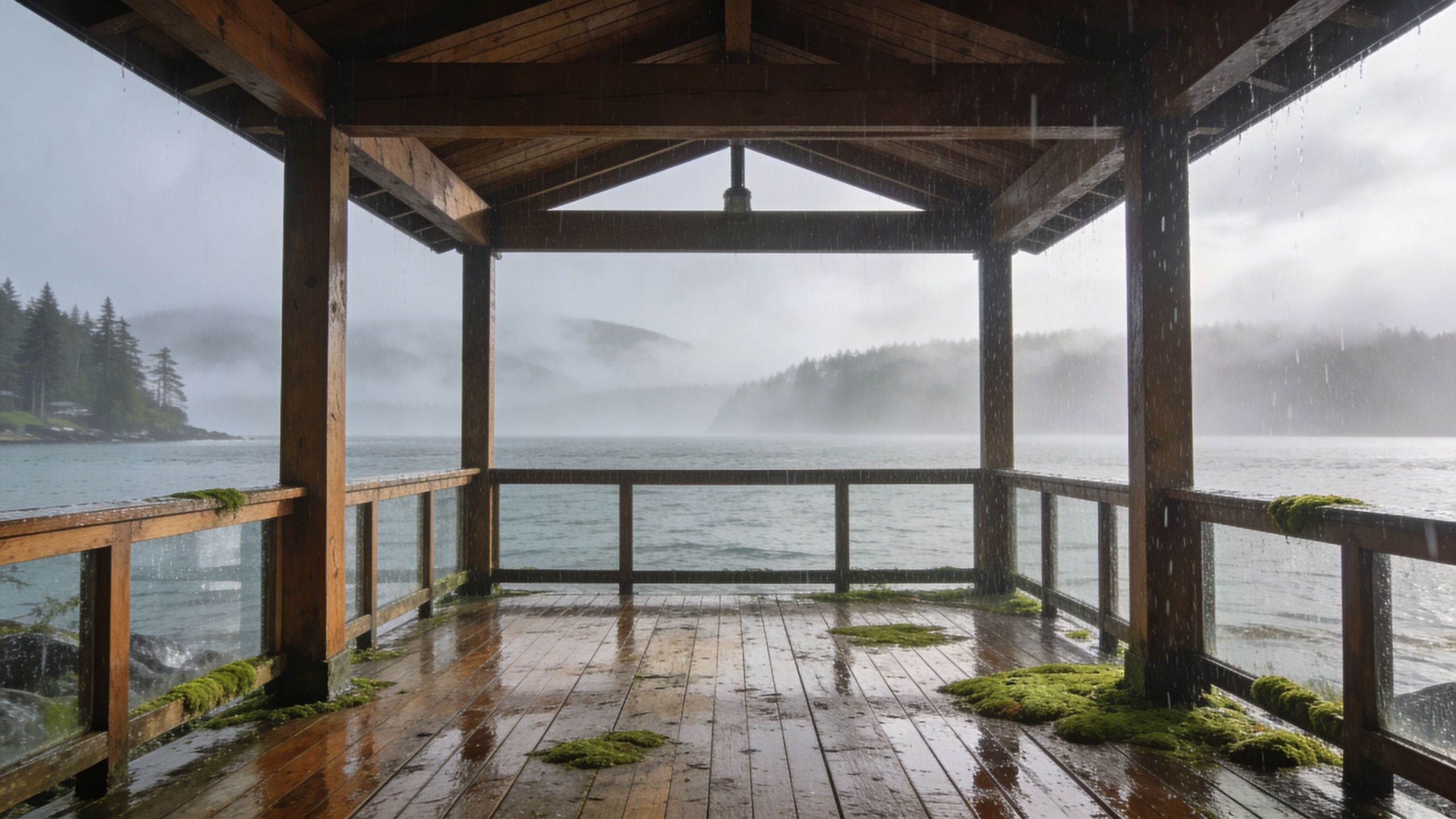 A wooden deck covered with moss overlooking a misty lake during a rainy day in the forest.
