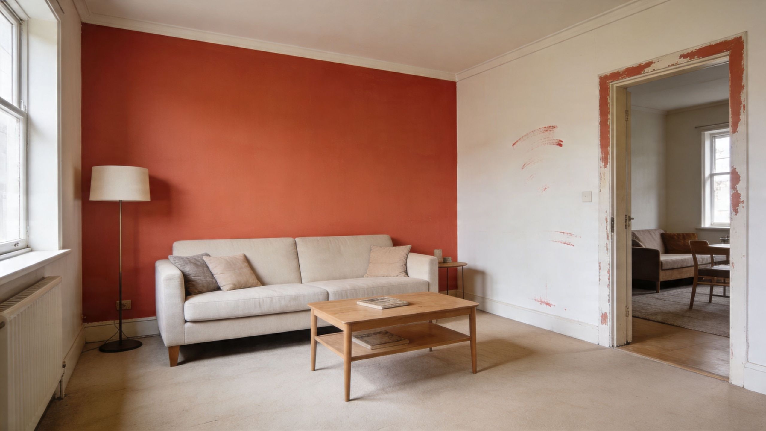 A minimalist living room with a beige sofa, wooden coffee table, and a burnt orange accent wall.