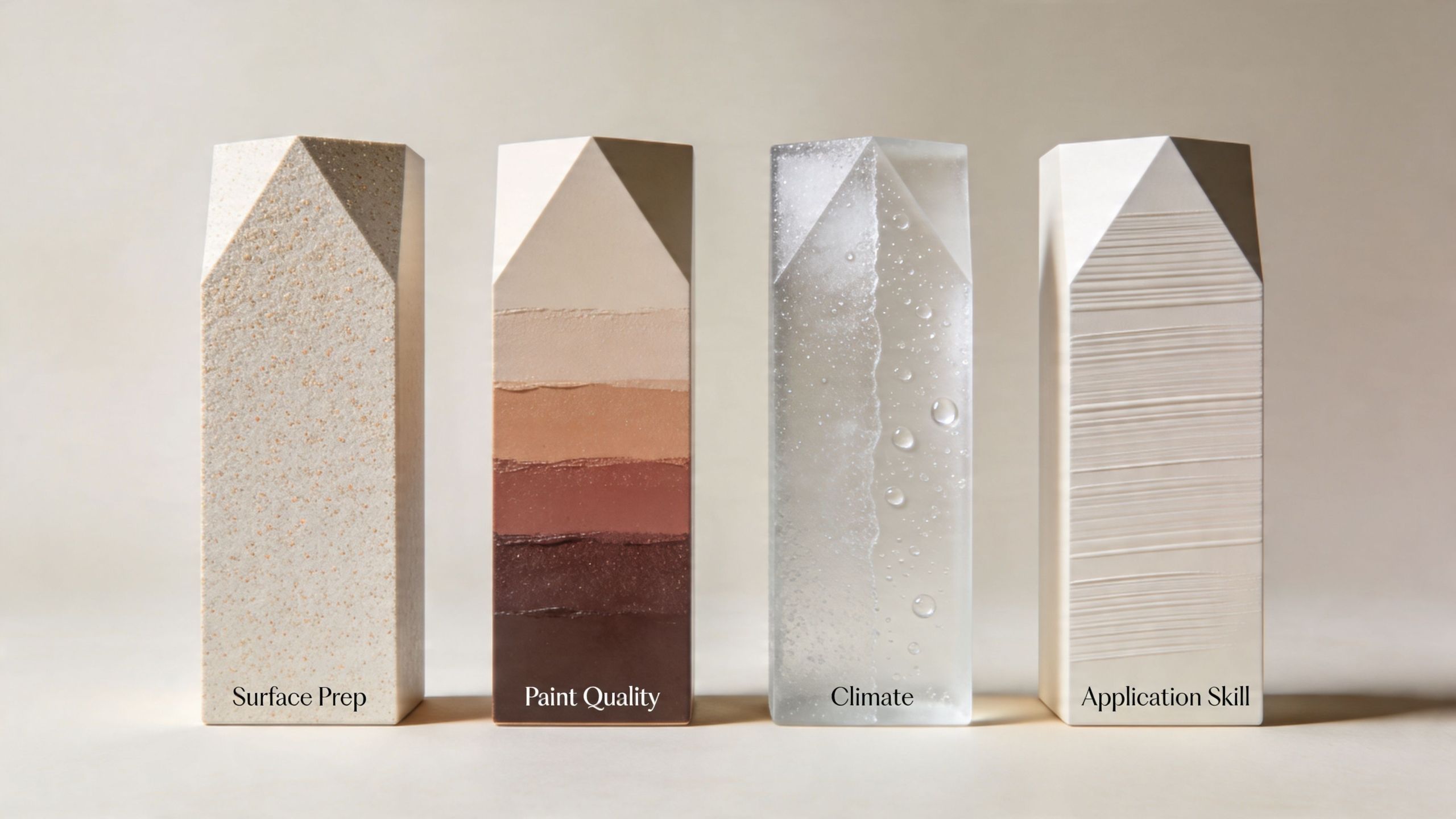 Four geometric pillars displaying textures representing surface preparation, paint quality, environmental climate, and application skill factors.