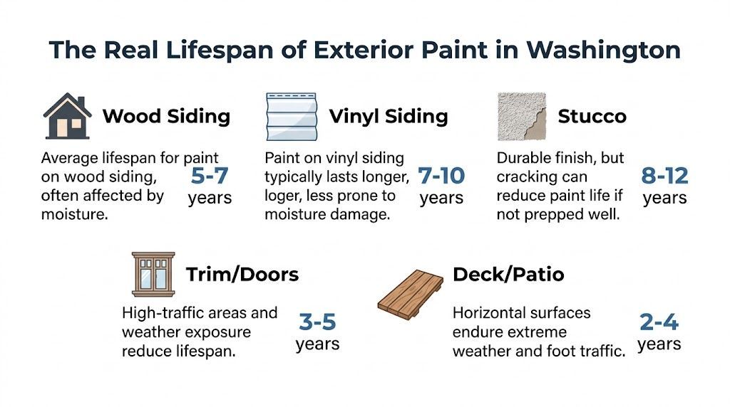 An infographic detailing the average lifespan of exterior house paint on various surfaces in Washington state.