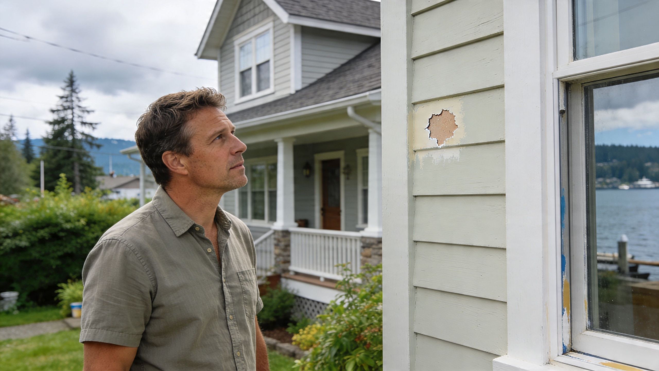 A man looking at peeling paint on the exterior siding of a light green house.