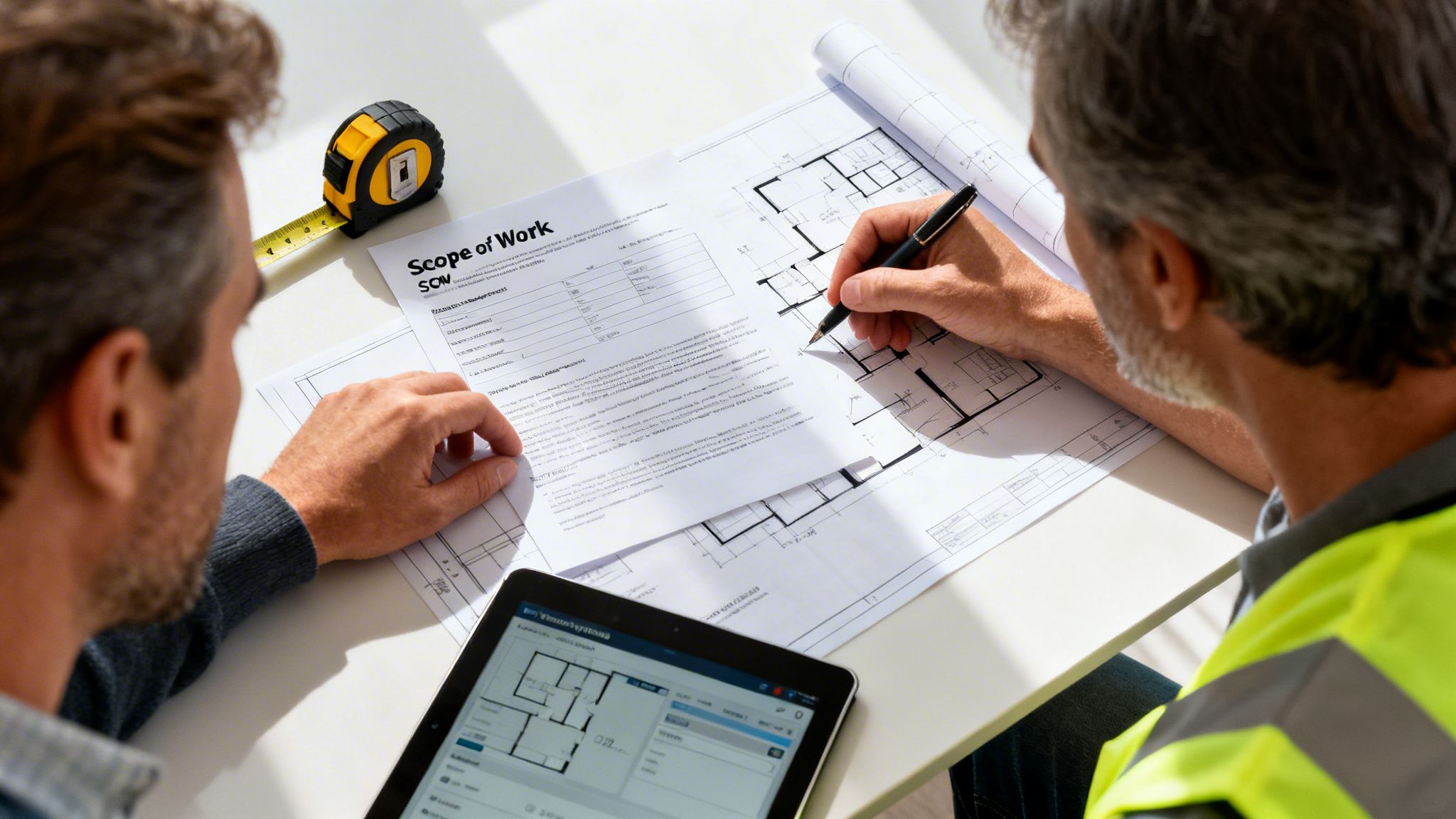 Two professionals collaborating on home renovation plans using a scope of work document, blueprints, and a tablet.