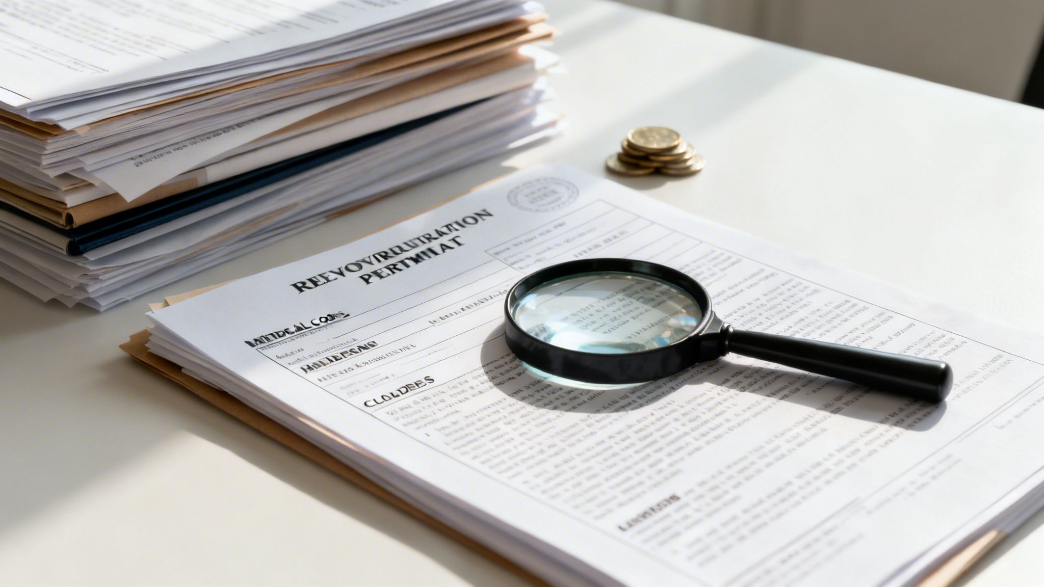 A magnifying glass resting on a stack of documents on a white desk with coins nearby