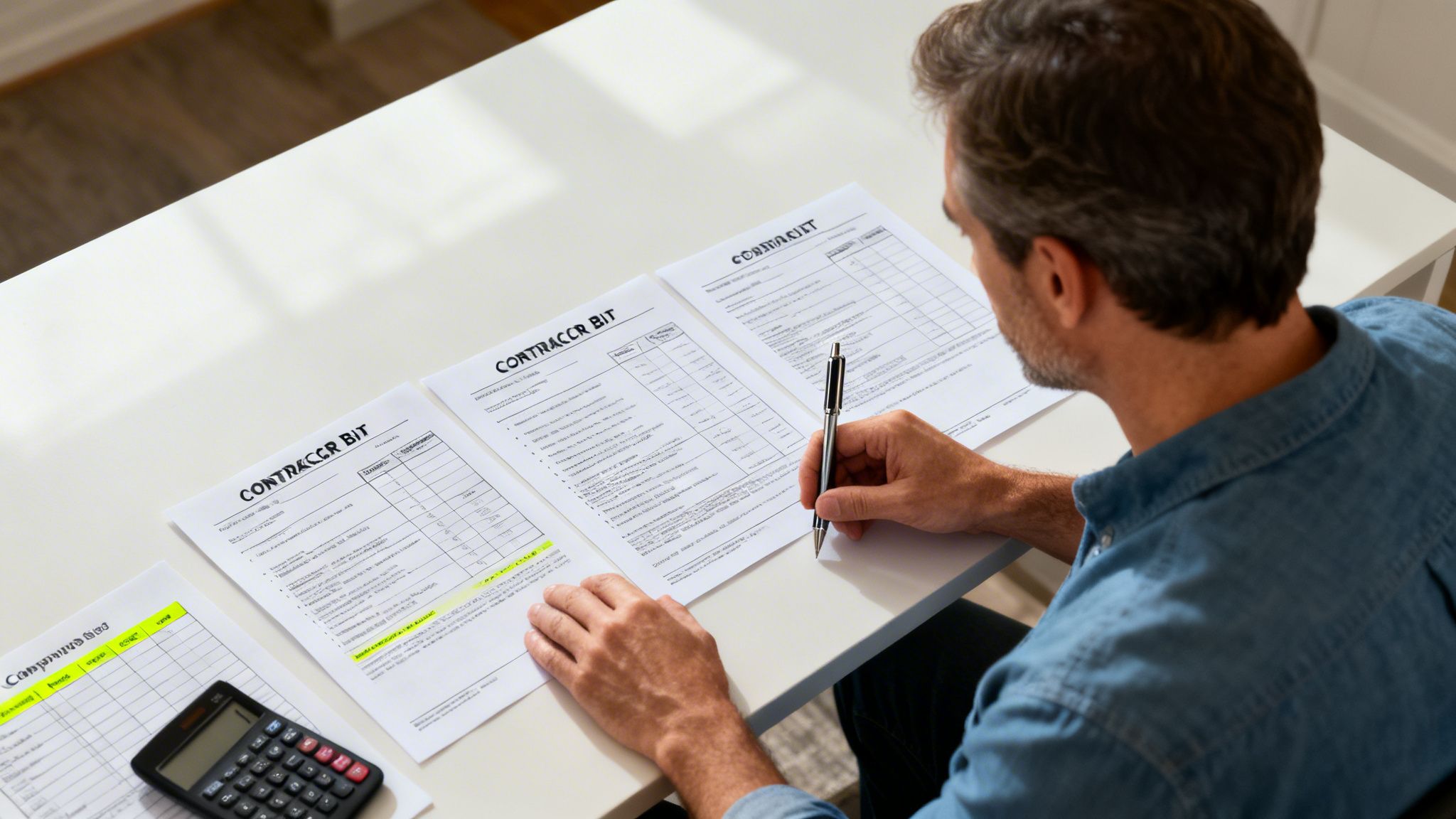 A man meticulously reviewing and calculating costs for a home renovation project on a contract document.