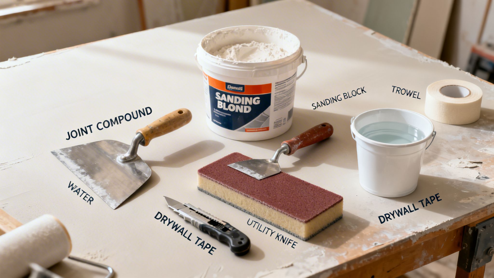 An assortment of essential drywall repair tools including compound, a trowel, tape, and a sanding block.