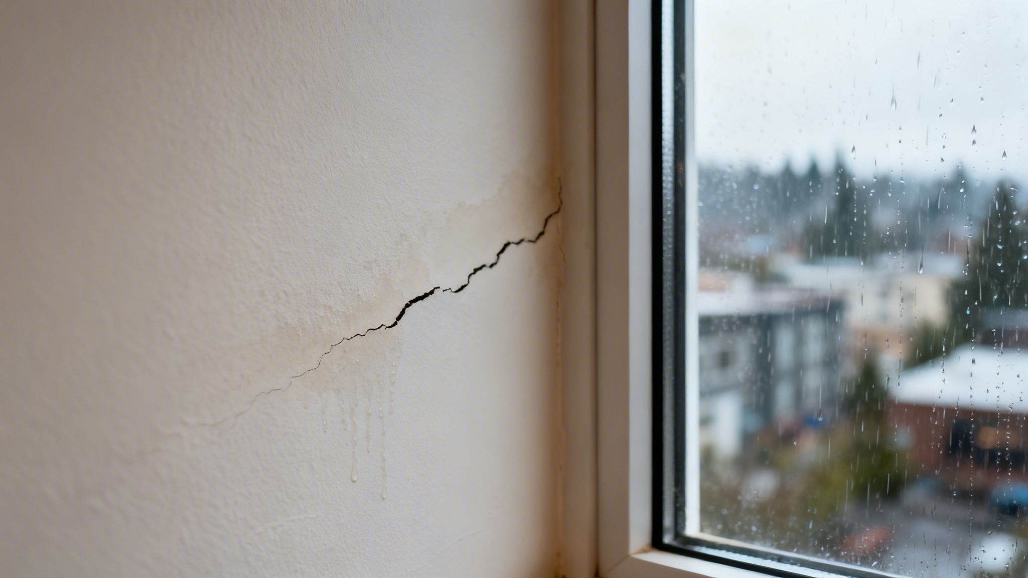 A large diagonal crack in a wall near a window with visible water damage stains