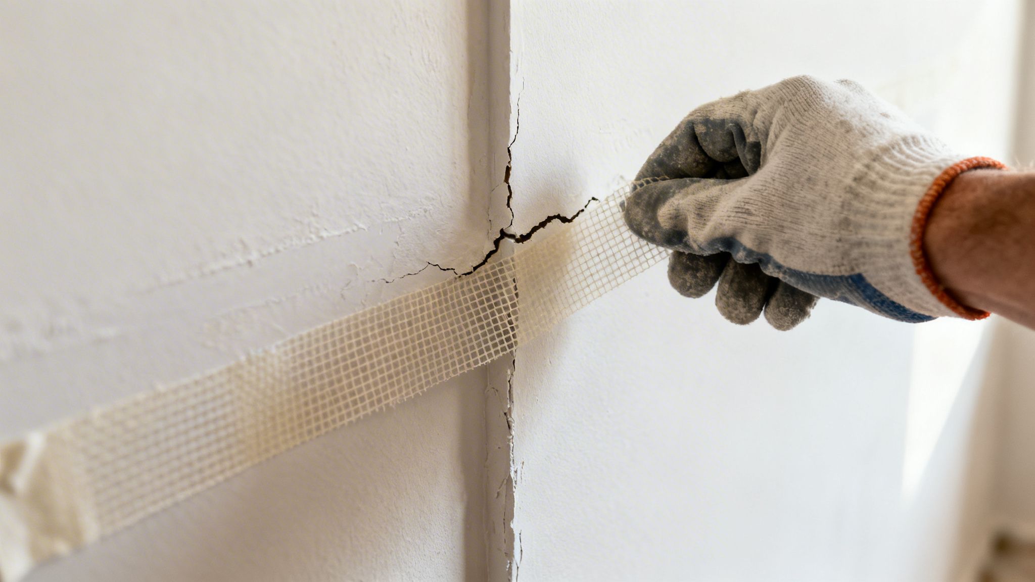 A construction worker applying adhesive mesh tape to repair a large crack on a white interior wall.