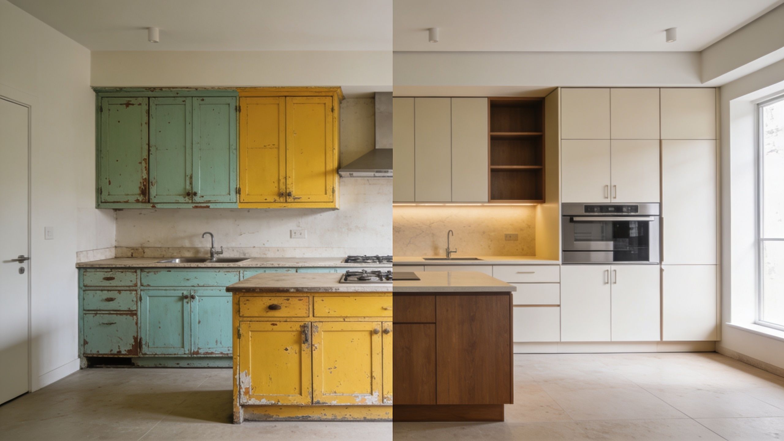 A split-screen comparison showing a rustic, worn kitchen before and after a modern luxury renovation.
