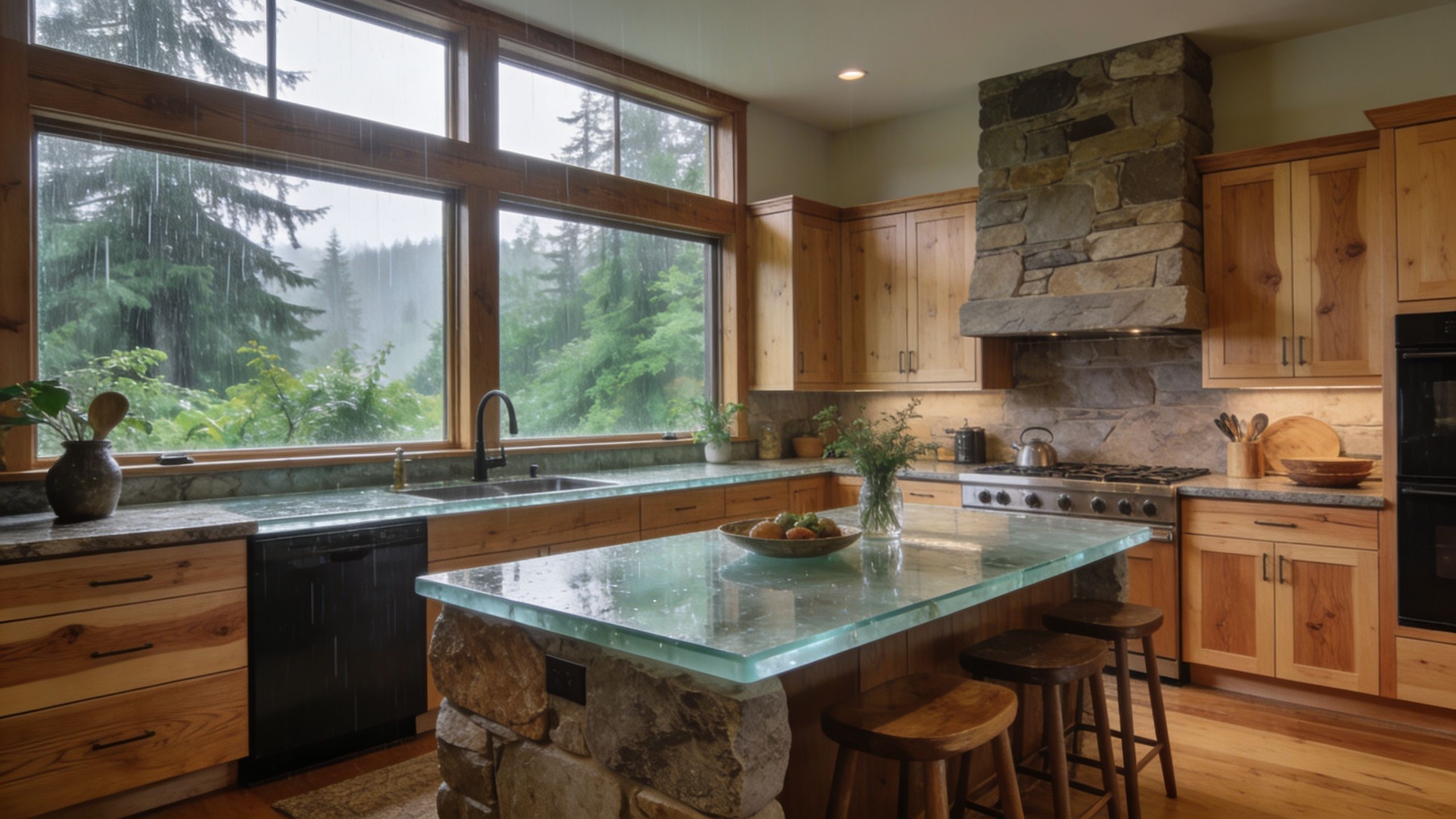 A rustic kitchen with wood cabinetry, stone fireplace hood, and a glass-topped island overlooking a rainy forest.