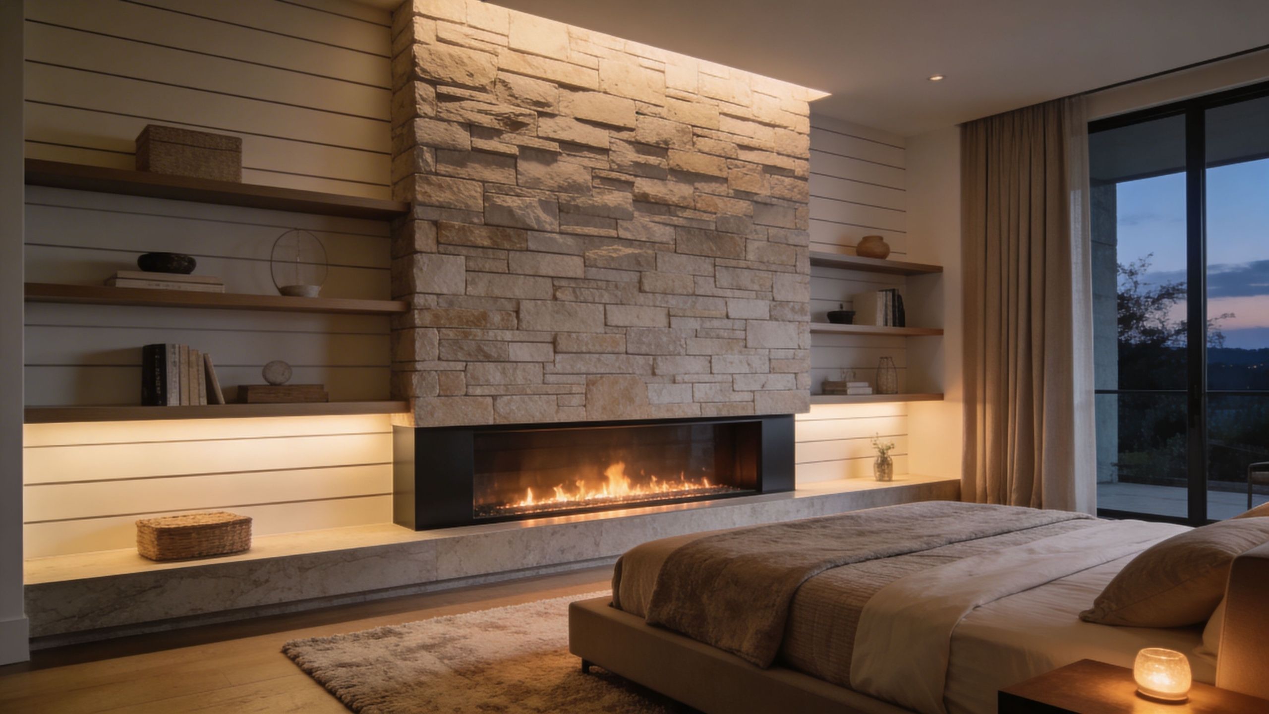 A luxurious bedroom featuring a stone fireplace, built-in shelving, and warm ambient lighting for a relaxing atmosphere.