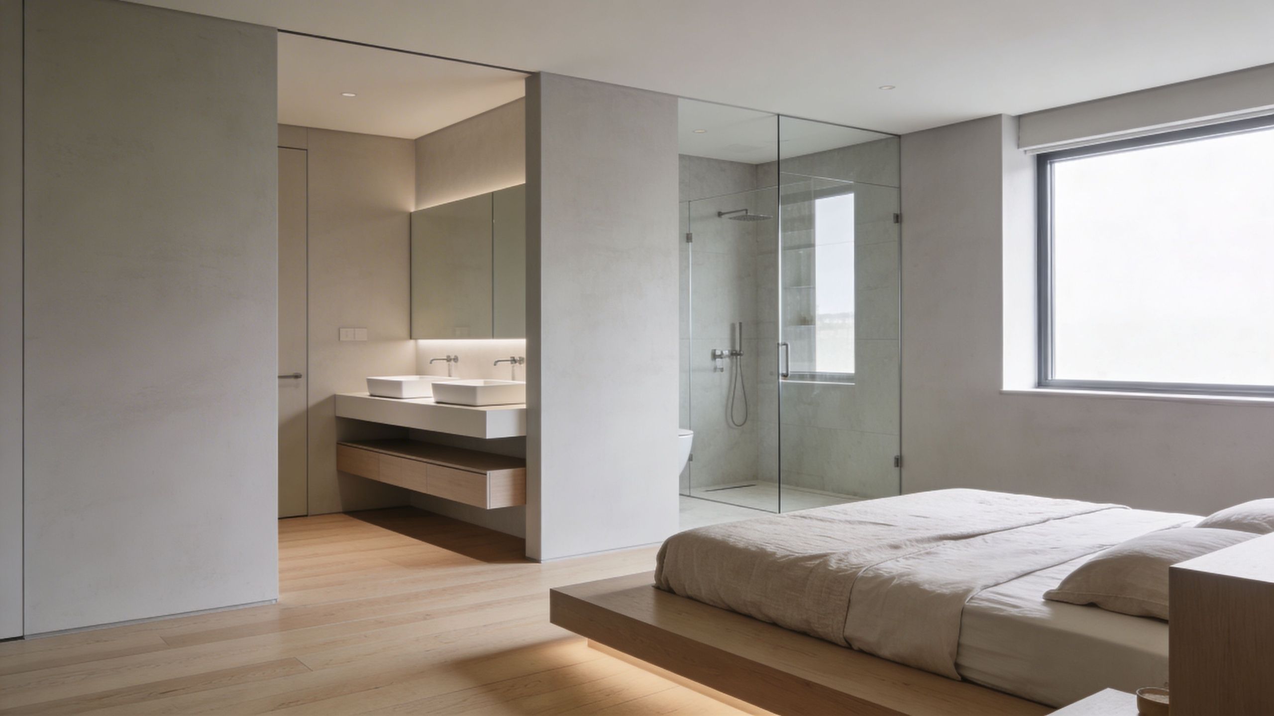 A modern minimalist master bedroom featuring an open plan bathroom with twin sinks and a glass shower.