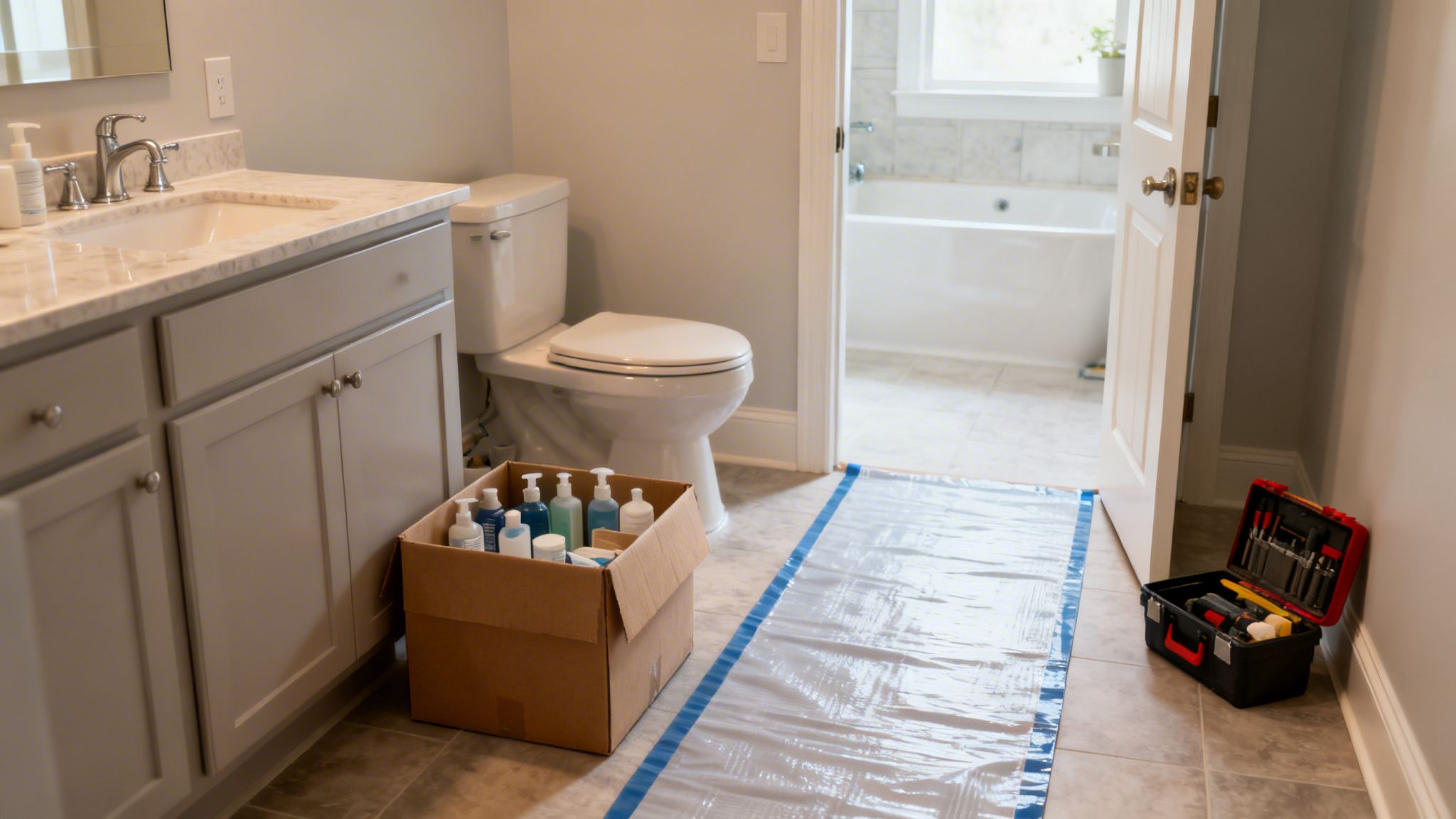 A bathroom with a vanity, toilet, and tools, showing a clear protective floor sheet for a remodel.