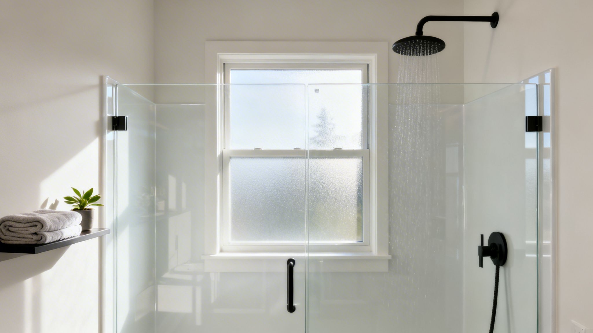 A modern walk-in shower with a clear glass enclosure, black fixtures, and a frosted window.