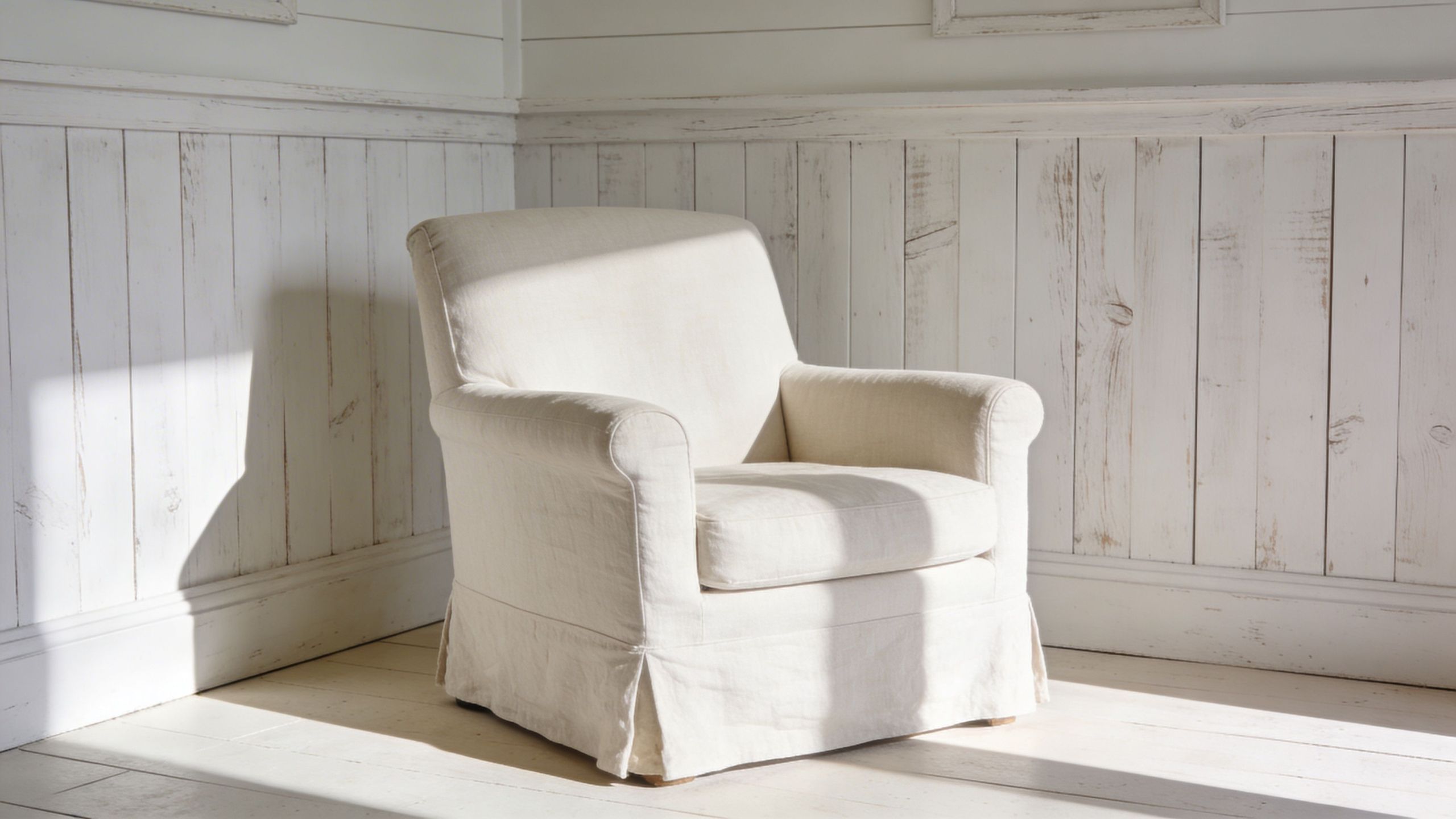 A cozy, slipcovered armchair sits in a sunlit room against rustic white wood paneled walls.