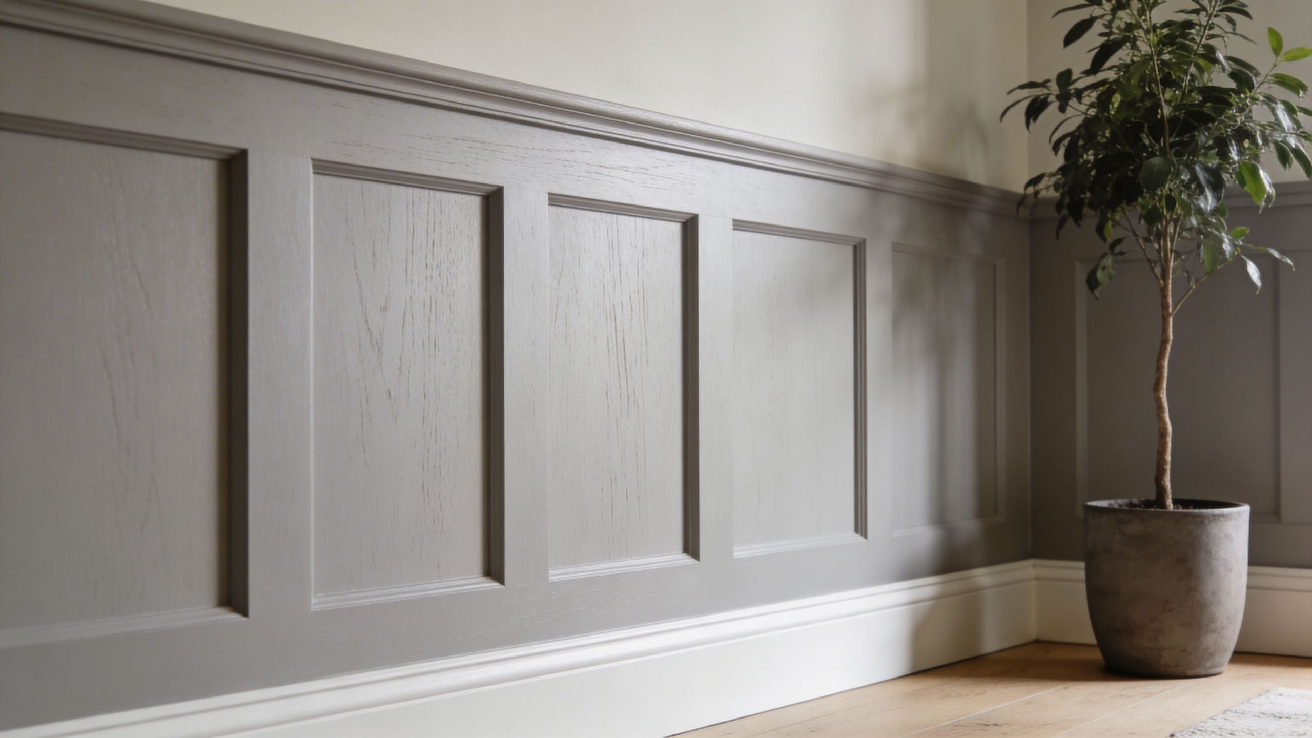 A minimalist room corner featuring grey wood paneling, white baseboards, and a small potted houseplant.