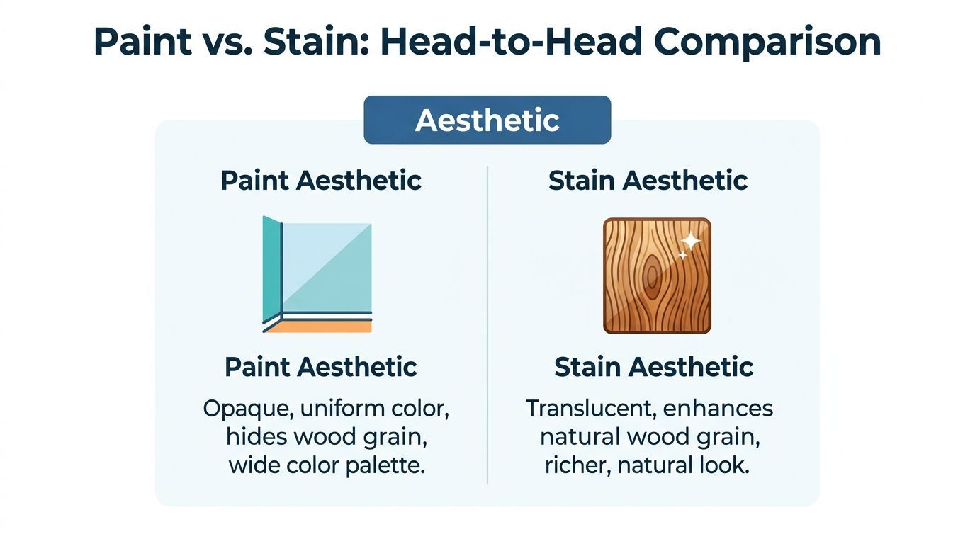 A comparison chart showing the aesthetic differences between painting and staining wood surfaces with descriptive text.