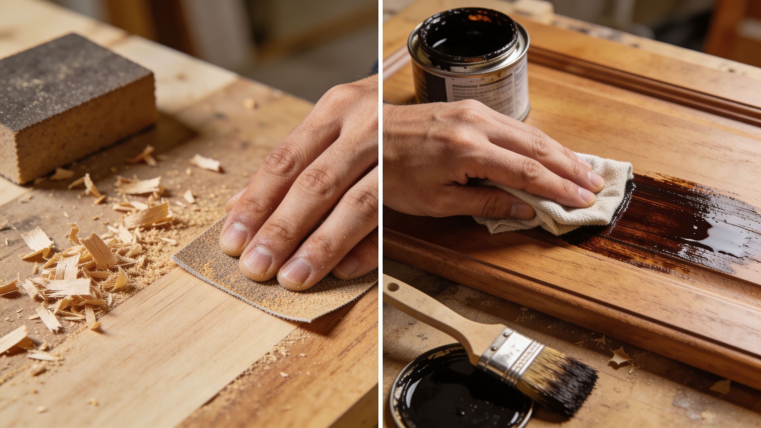A split-screen view showing a woodworker sanding a wooden surface and applying dark wood stain.