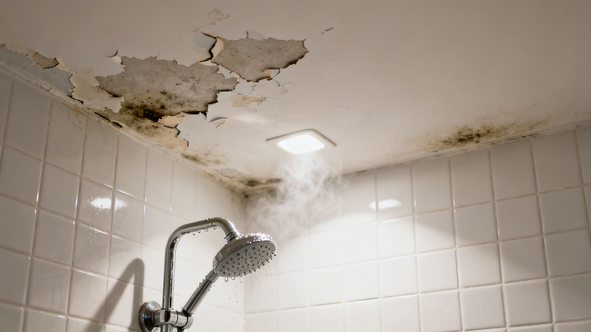 A damaged bathroom ceiling with peeling paint and black mold above a steaming shower head.