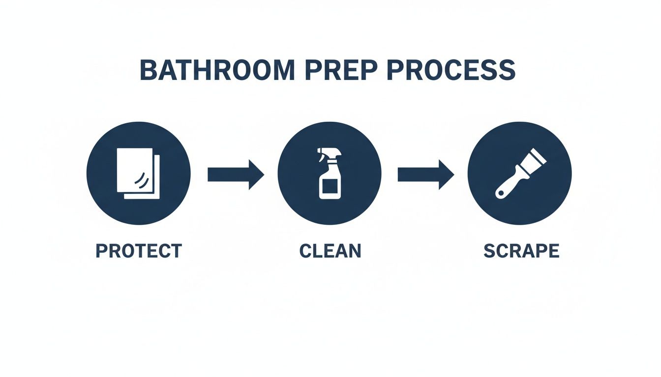 Infographic showing a three-step bathroom preparation process: protect, clean, and scrape.
