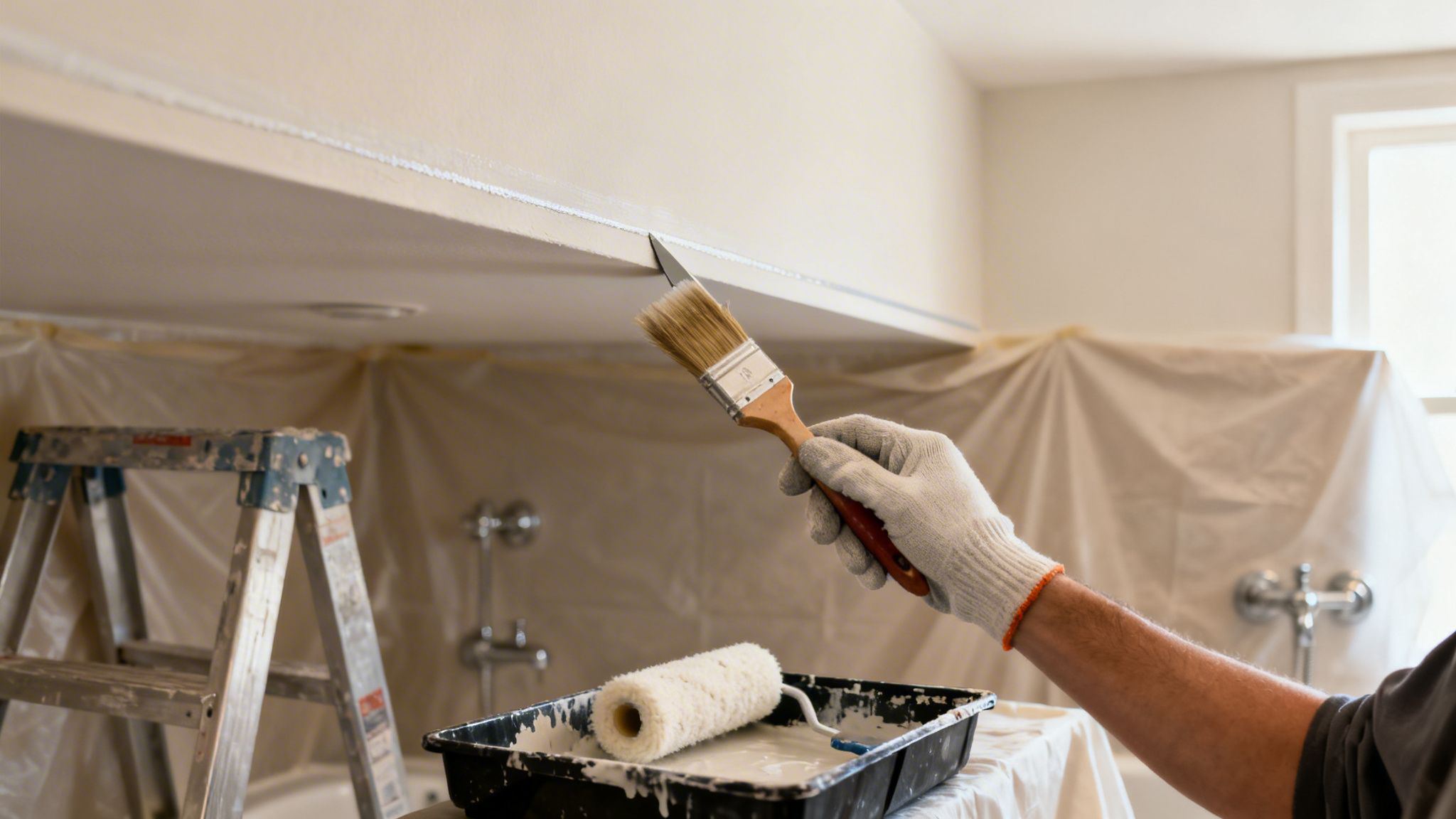 A person in a white glove uses a paintbrush to cut in white paint on a ceiling.