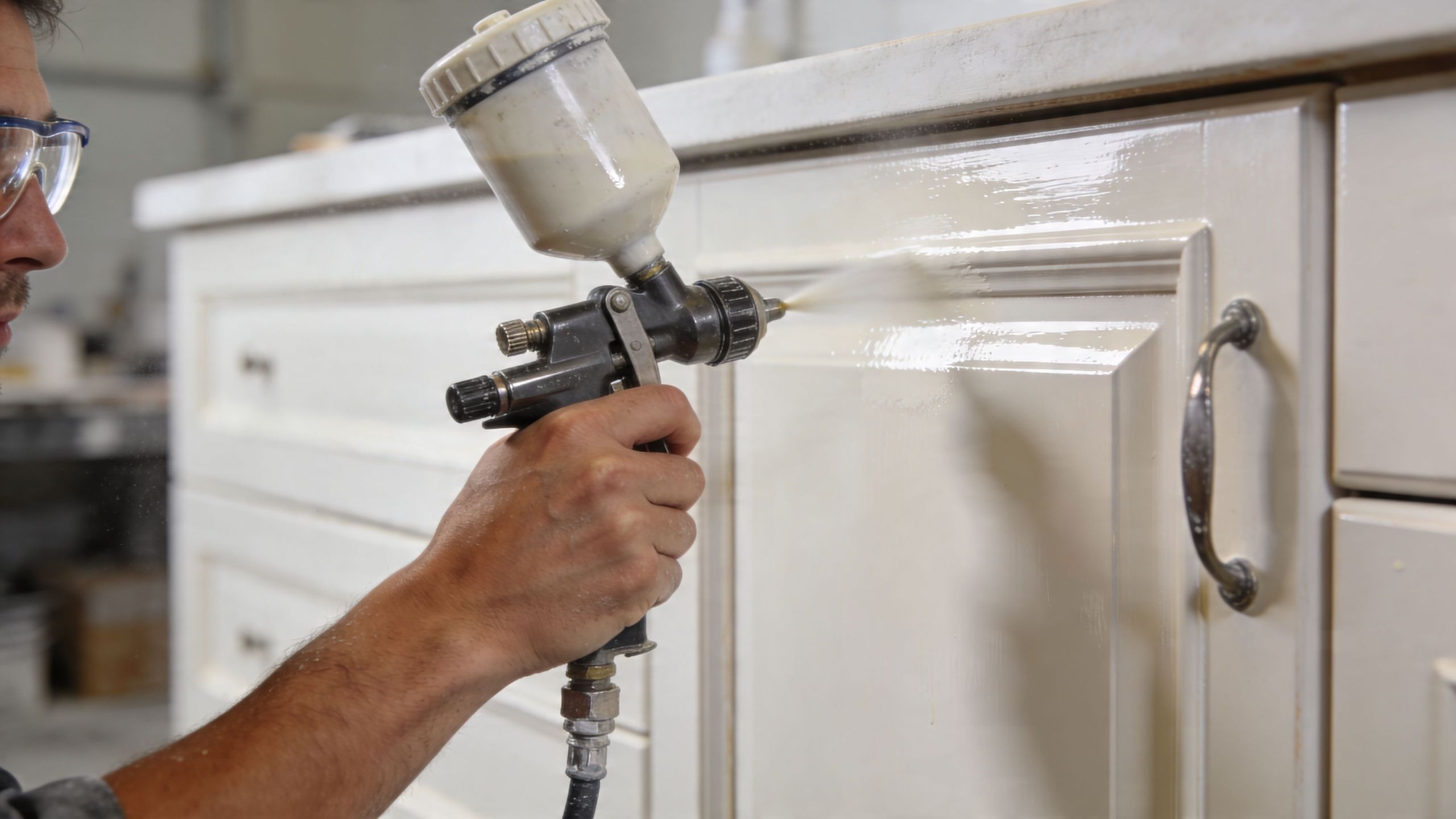A professional painter uses a spray gun to apply fresh off-white paint to a kitchen cabinet door.