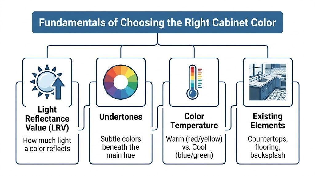 A helpful infographic showing four key factors to consider when choosing the right kitchen cabinet color.