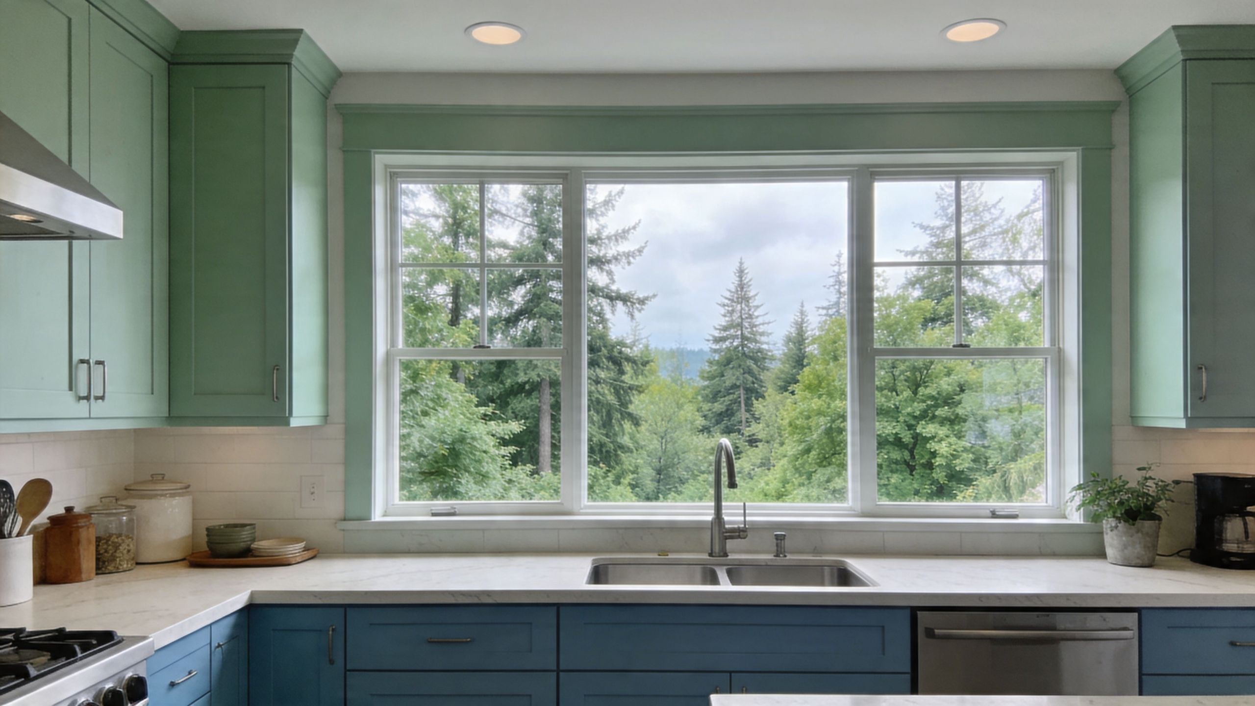 A modern kitchen featuring two-tone cabinetry with green upper cabinets and blue lower cabinets under a window.