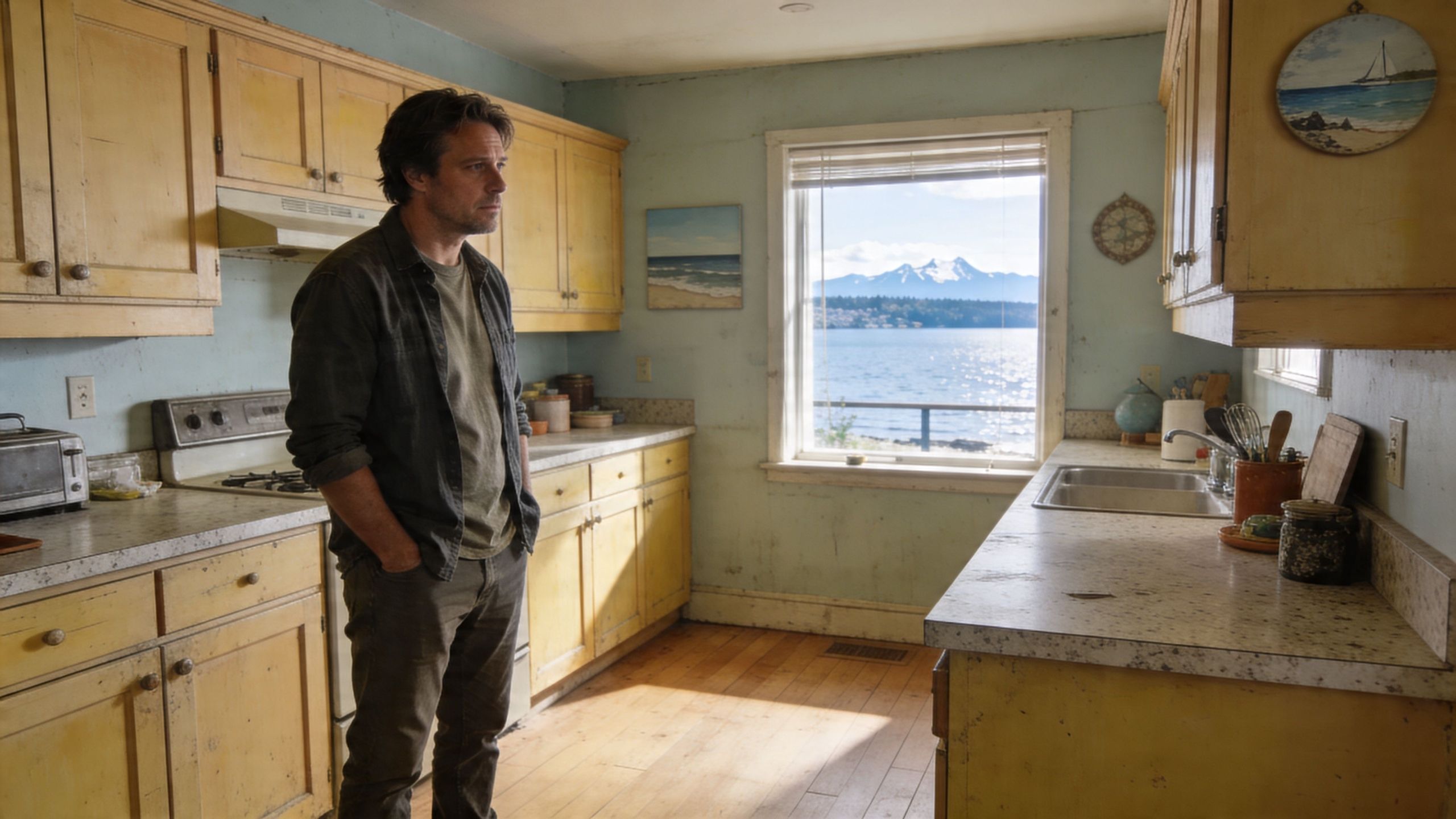 A man stands in a vintage kitchen with worn yellow cabinets, looking out a window at a scenic mountain landscape.
