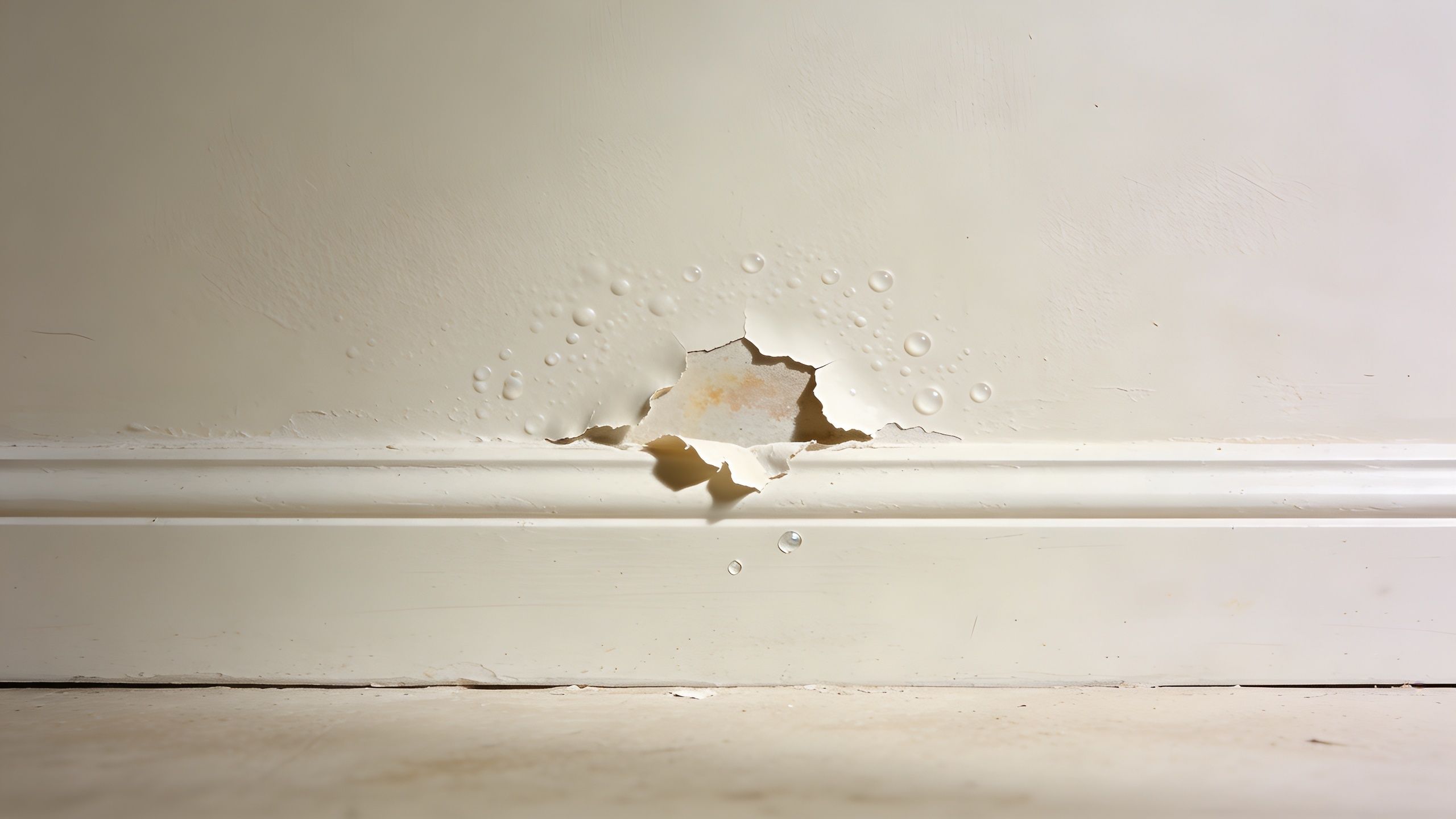 Close up of water damage showing bubbling, peeling paint and moisture stains on an interior wall surface.