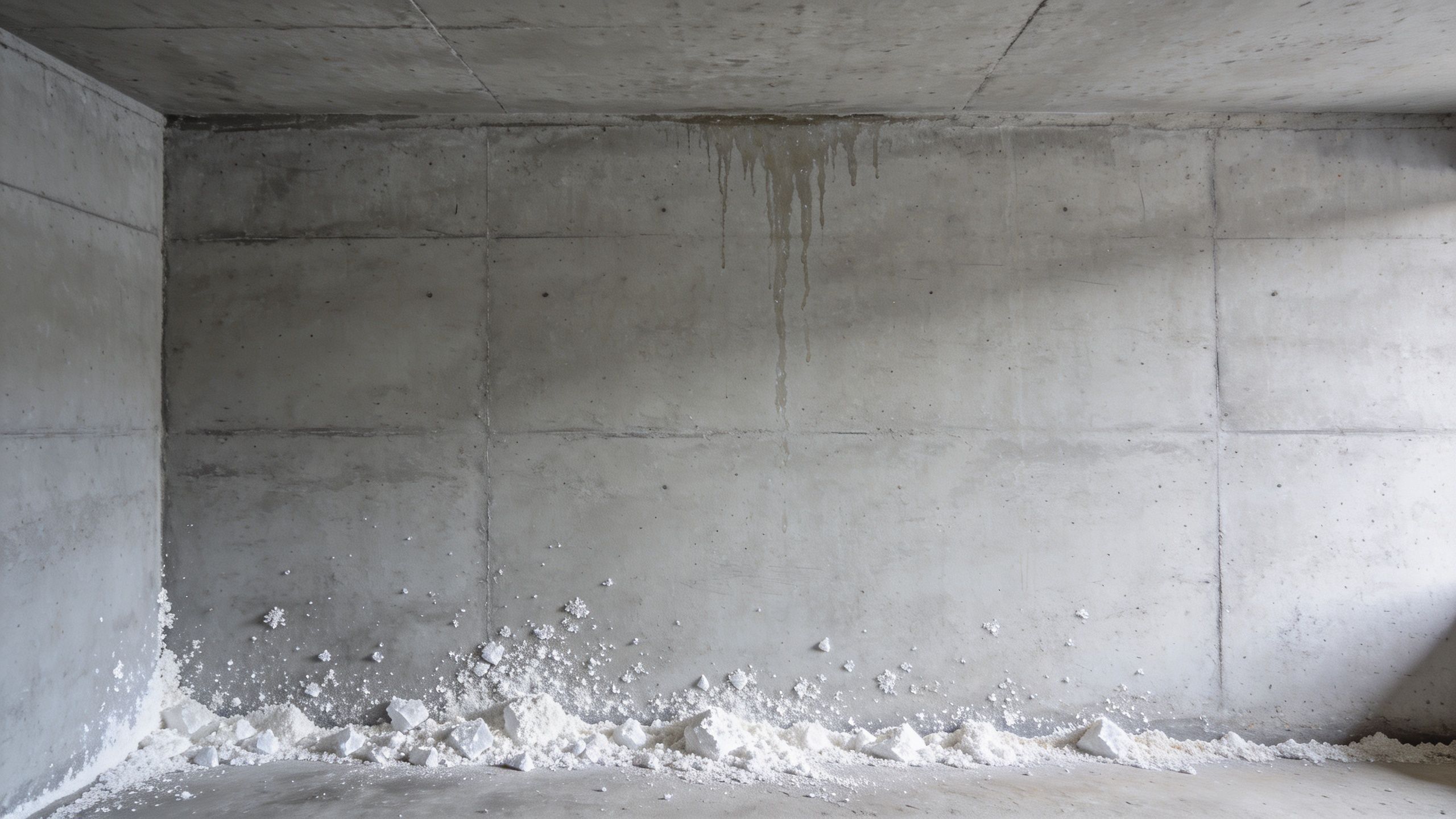 A concrete wall showing signs of water damage with stains and white mineral efflorescence along the floor.
