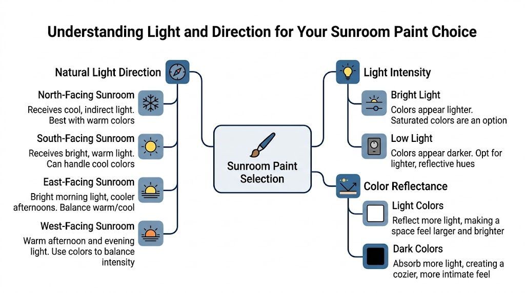 A visual guide illustrating how natural light direction, light intensity, and color reflectance affect sunroom paint choices.