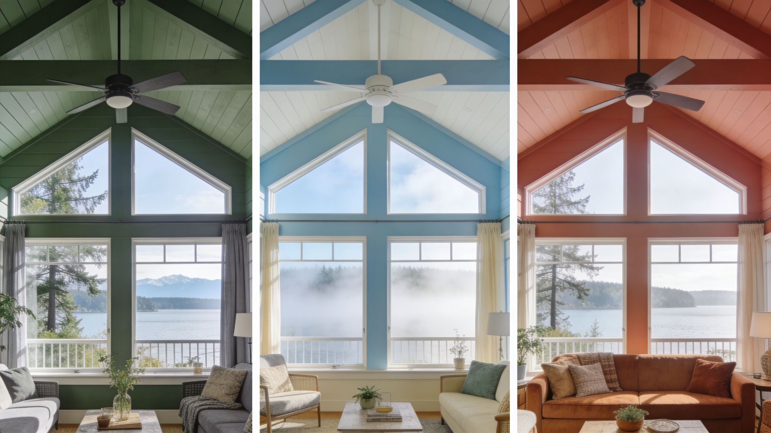 A triptych showing a sunroom with vaulted ceilings painted in dark green, light blue, and warm terracotta.