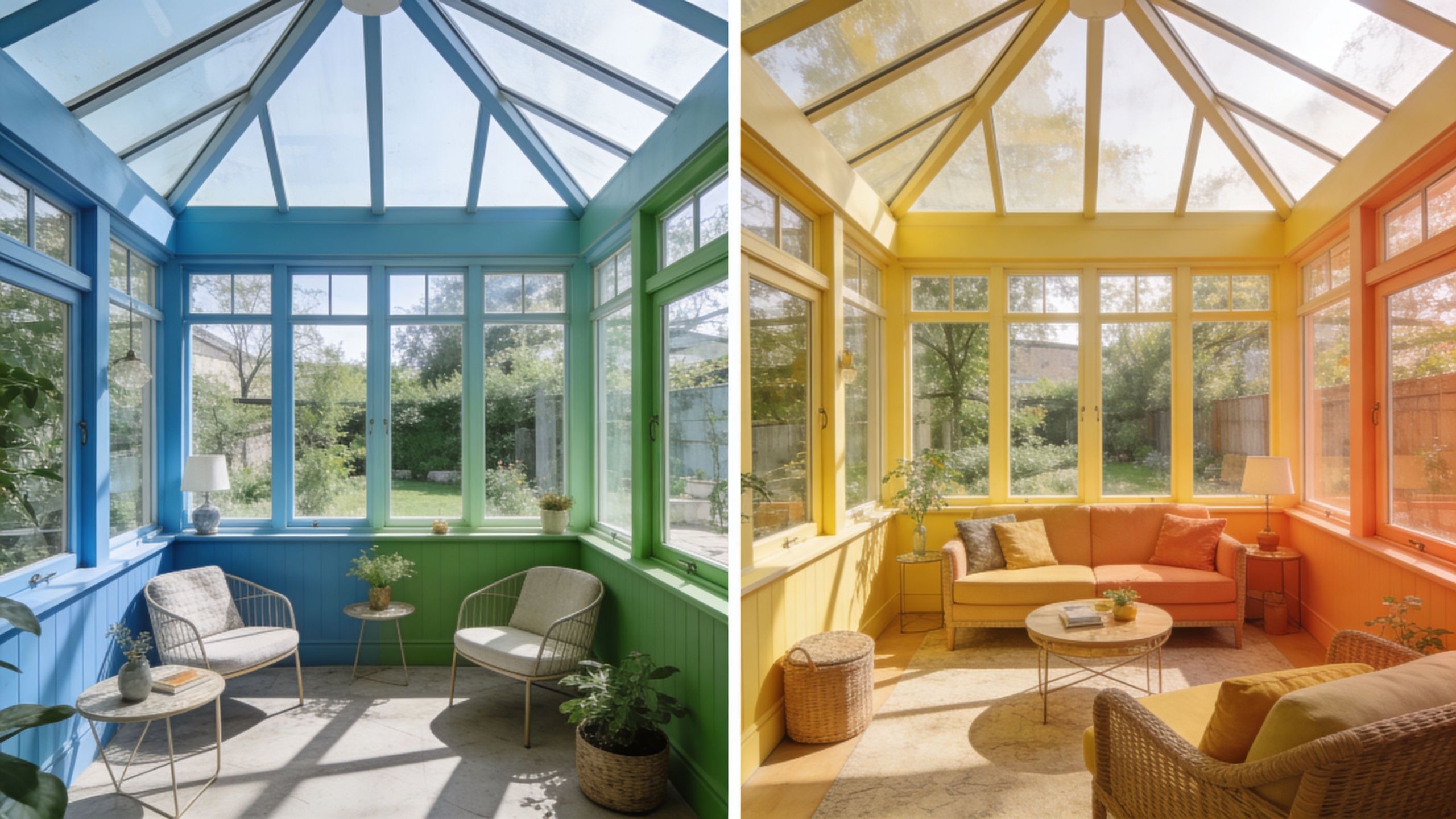 A split-screen comparison showing a sunroom painted in vibrant blue and green versus warm yellow and orange.