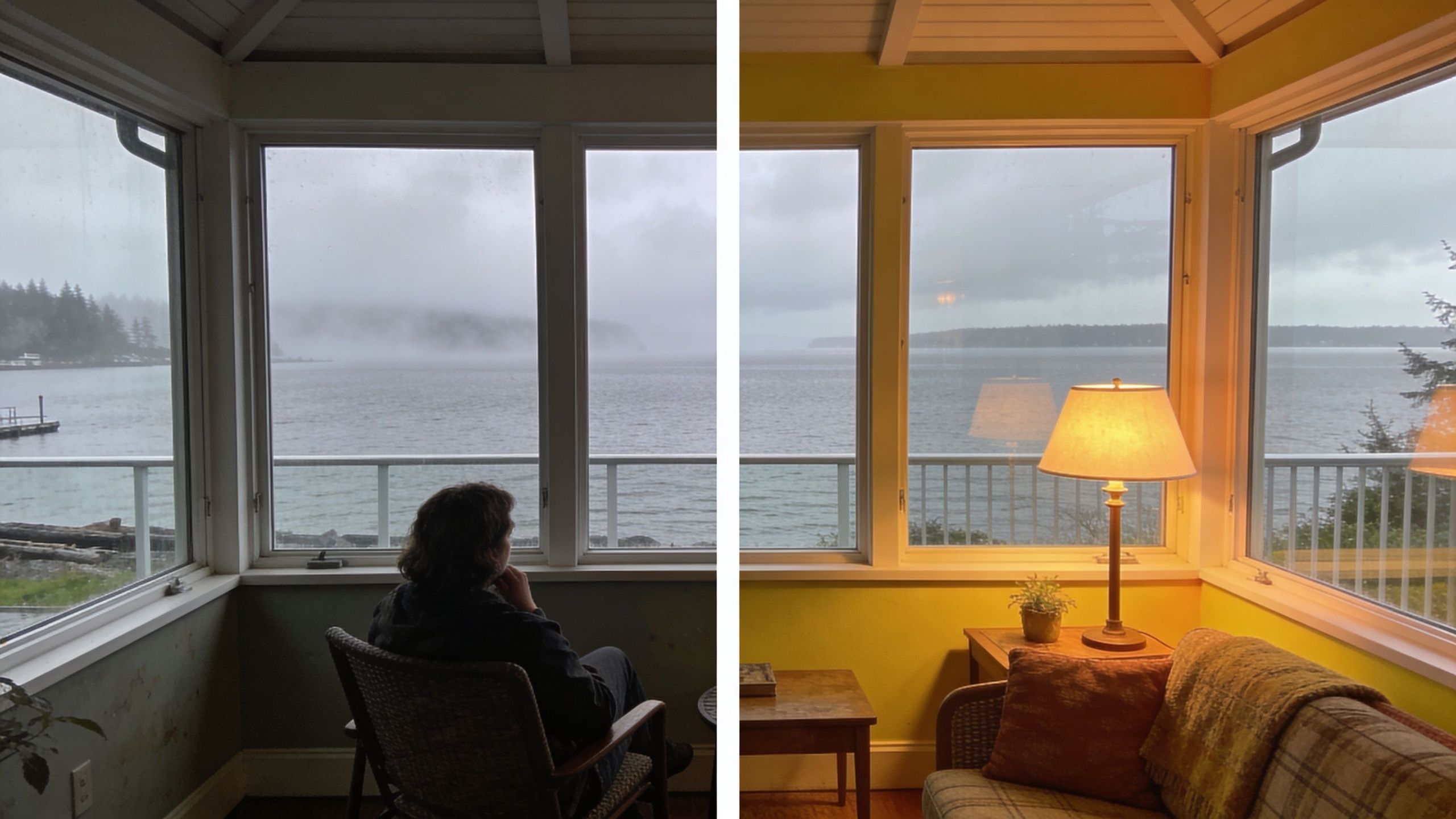 A split view showing the same sunroom with gloomy gray walls versus cheerful bright yellow walls.