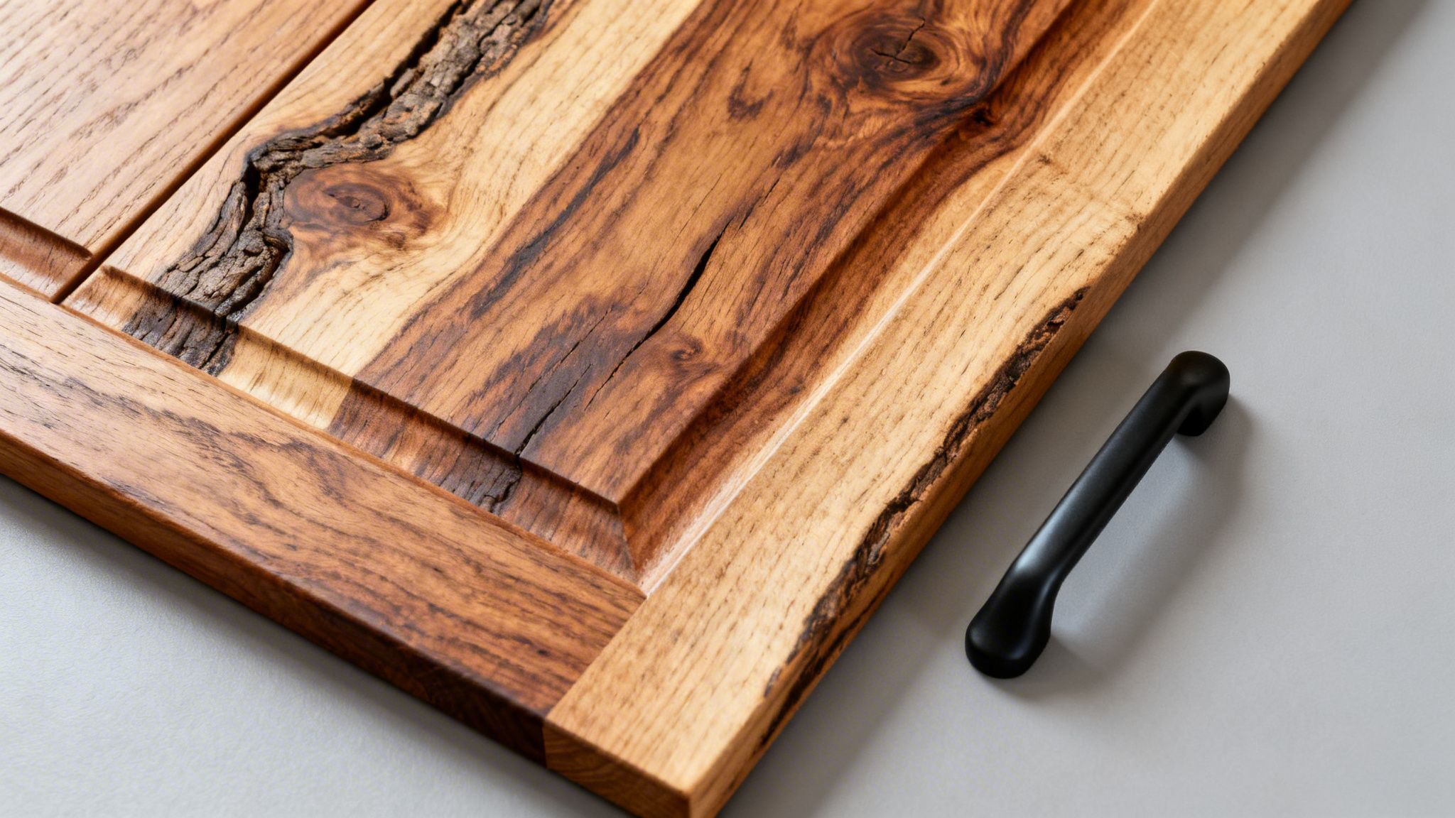 Beautiful natural wood kitchen cabinet door with visible grain and a minimalist black handle.