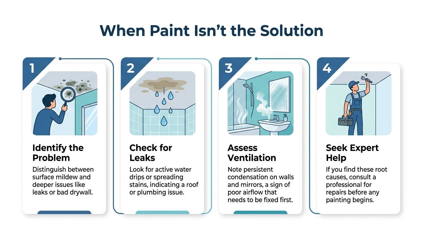 An infographic showing four steps to resolve moisture issues before using waterproof ceiling paint for bathroom projects.