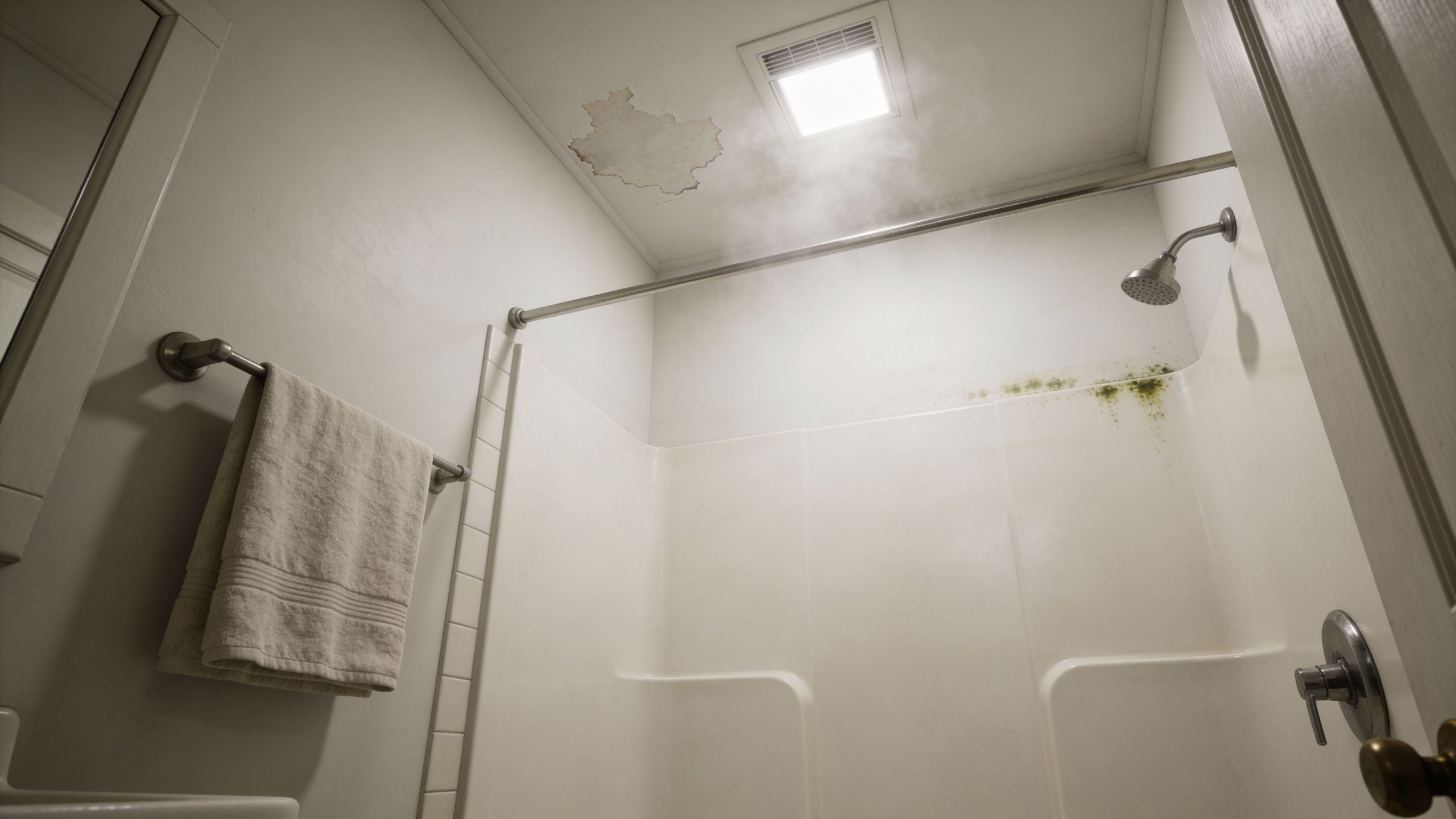 A damp, steamy bathroom shower area showing significant water damage, peeling ceiling paint, and mold growth.