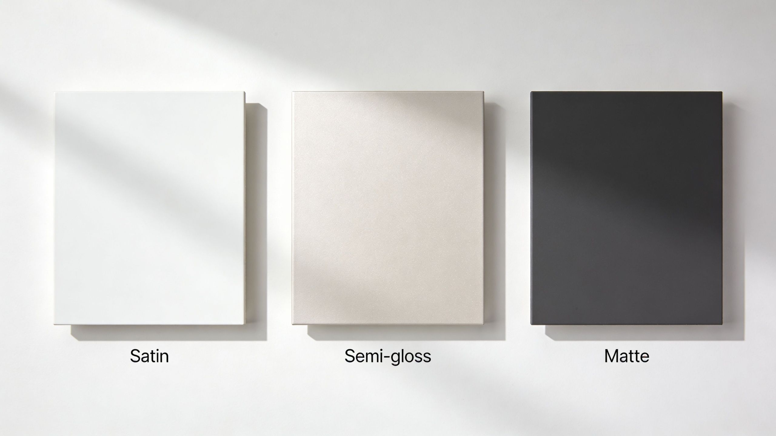 Three rectangular paint sample boards displaying satin, semi-gloss, and matte finishes on a white surface background.