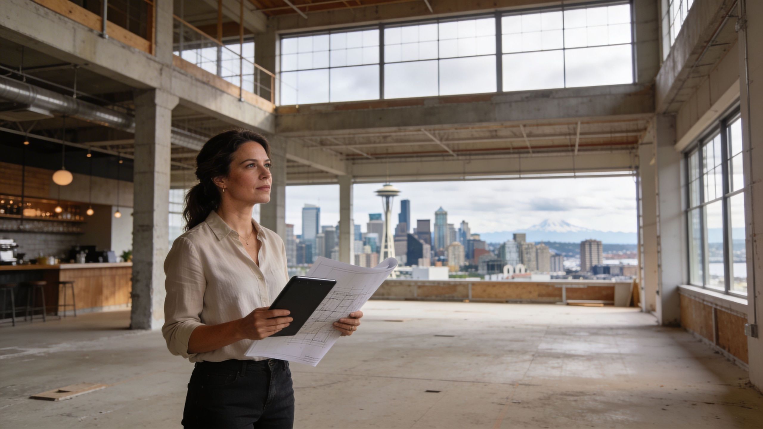 A professional woman holding architectural blueprints stands in an unfinished office space overlooking the Seattle city skyline.