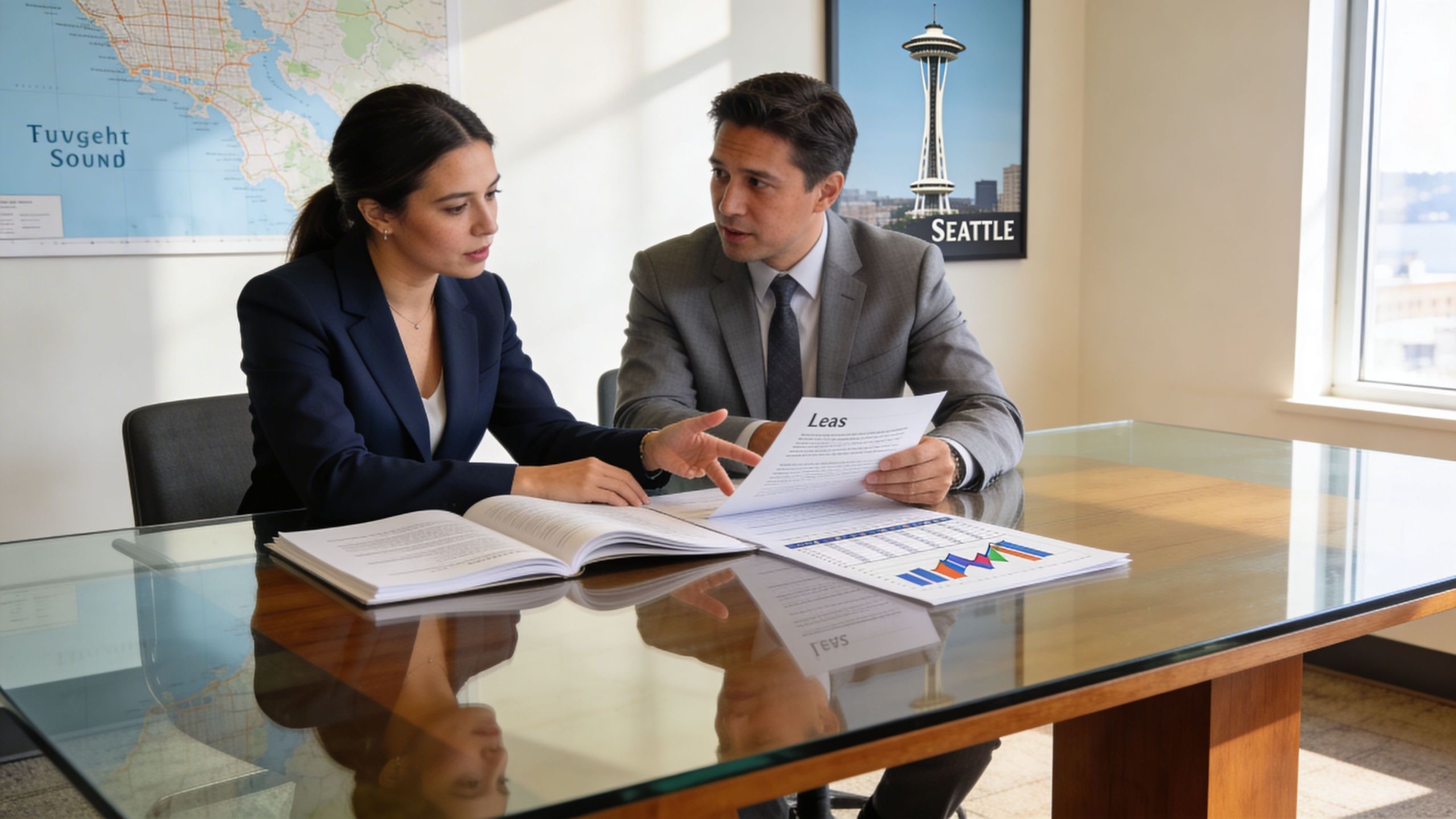 A professional man and woman discussing a lease agreement document at a desk in an office.